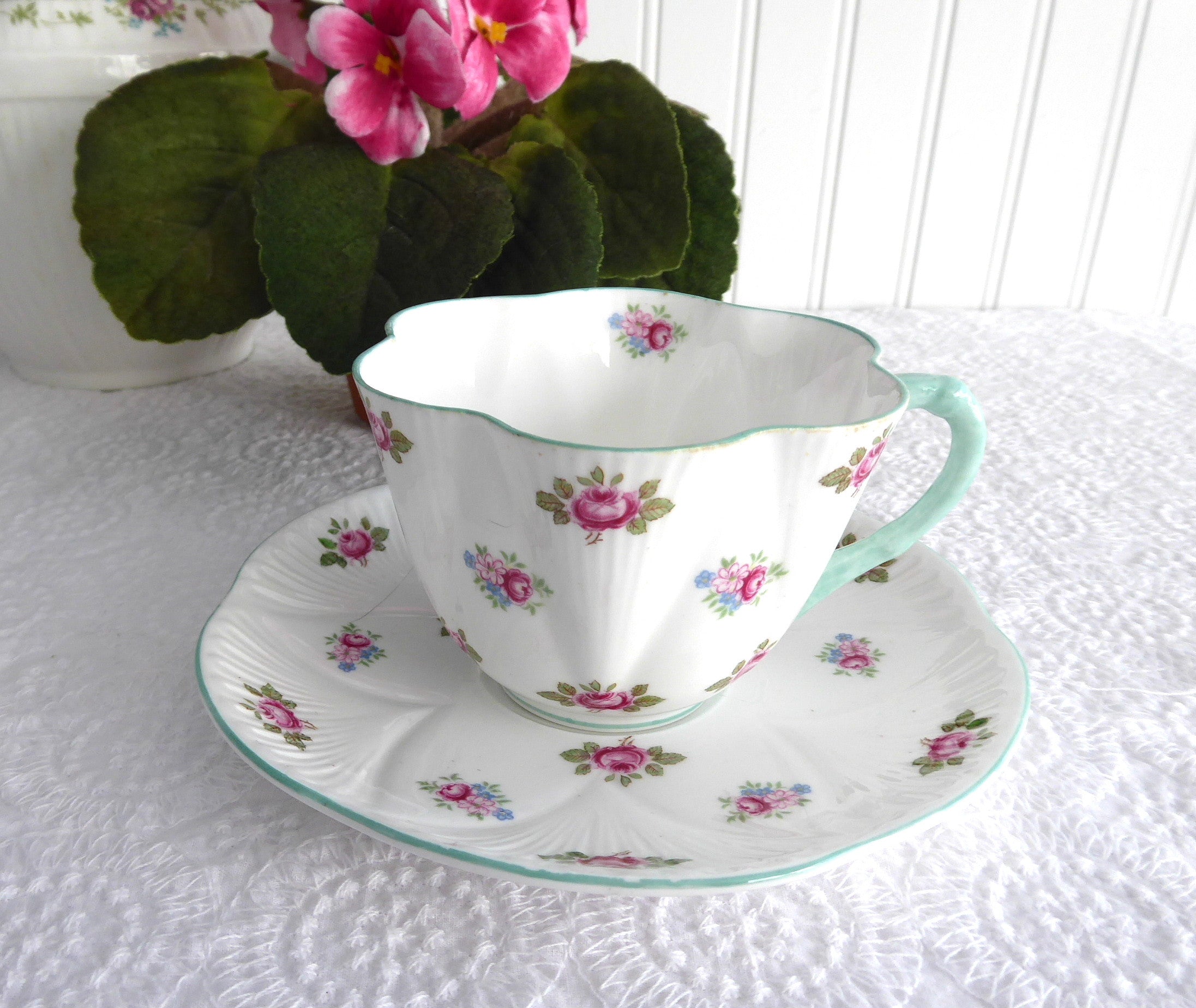 Elegant Shelley Teacup and Saucer Set - Vintage Rosebud Design with Blue Trim, Fine Bone China - Perfect for Afternoon Tea, Bridal Showers & English Tea Parties