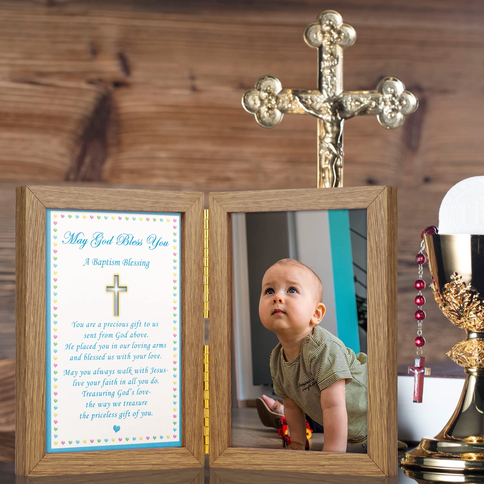 Yakucho Baptism Gifts for Boys - Baby Boy Christening Picture Frame with Blessing Card, Holds 4x6 Inch Photo, Double Frame Keepsake for Baptism Ceremony - Perfect for Baby's First Holy Sacrament, Church Celebrations & Family Memory Preservation