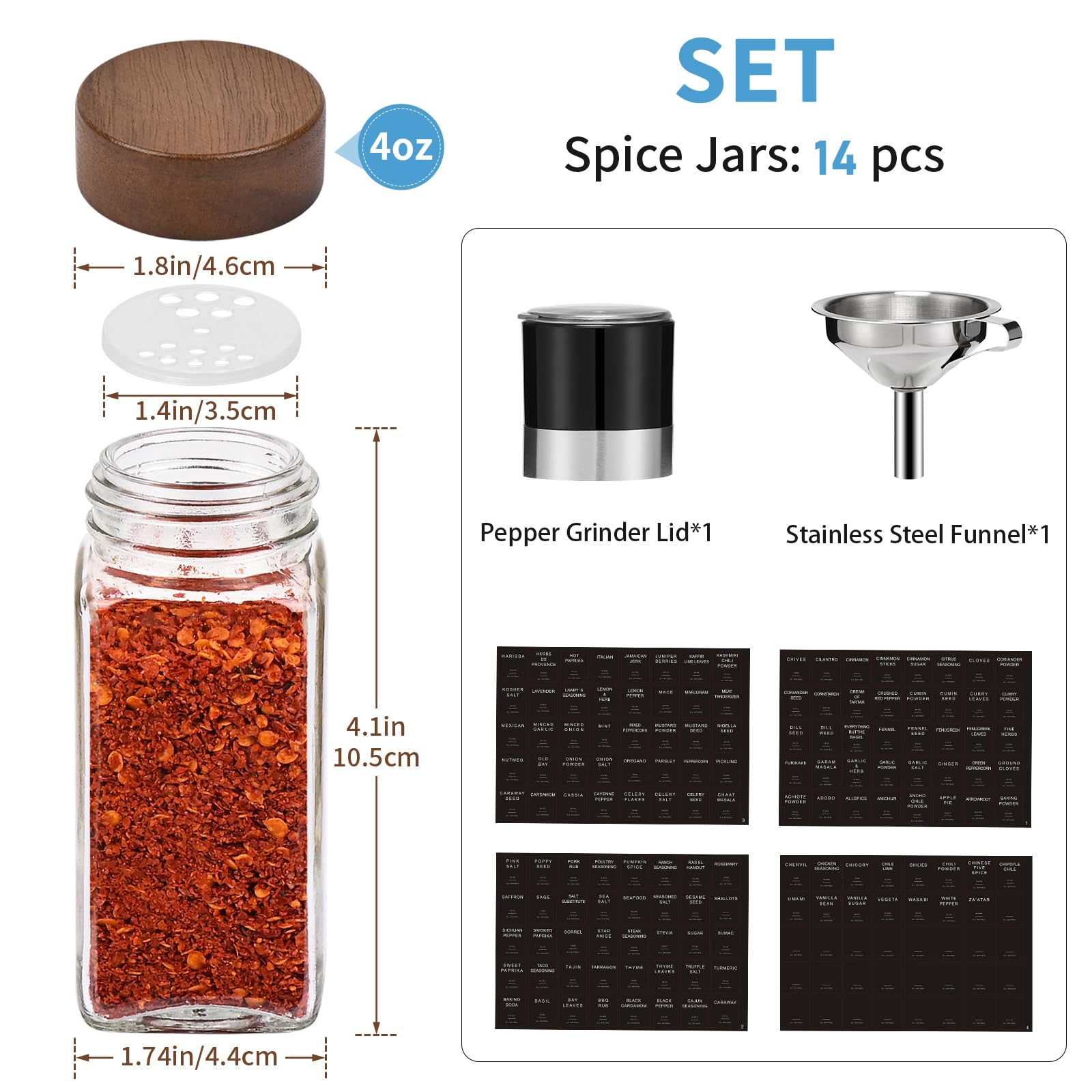14Pcs Glass Spice Jars with Labels - 4OZ Square Spice Containers with Wood Lids, Pepper Grinder Lids & Funnel - Perfect for Kitchen Rack, Cabinet & Drawer Organization - Ideal for Cooking, Baking & Seasoning Storage