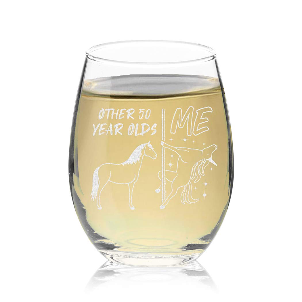 Veracco Unicorn Stemless Wine Glass - 50th Birthday Gift for Men & Women, Fifty and Fabulous (Clear Glass) - Perfect for Birthday Parties, Anniversaries & Unique Home Decor