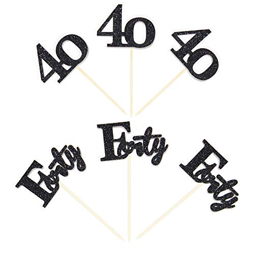 Ercadio 24 Pack Black Glitter Number 40 Cupcake Toppers - 40th Birthday Party, Wedding Anniversary Cake Decorations for Desserts & Celebrations