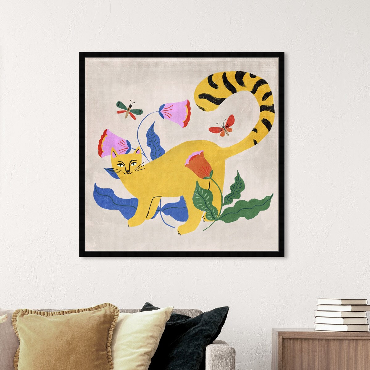 Blonde Tabby Floral Kitten Butterfly Garden Modern Yellow Framed Wall Art Print - Perfect for Bedroom, Nursery & Home Decor