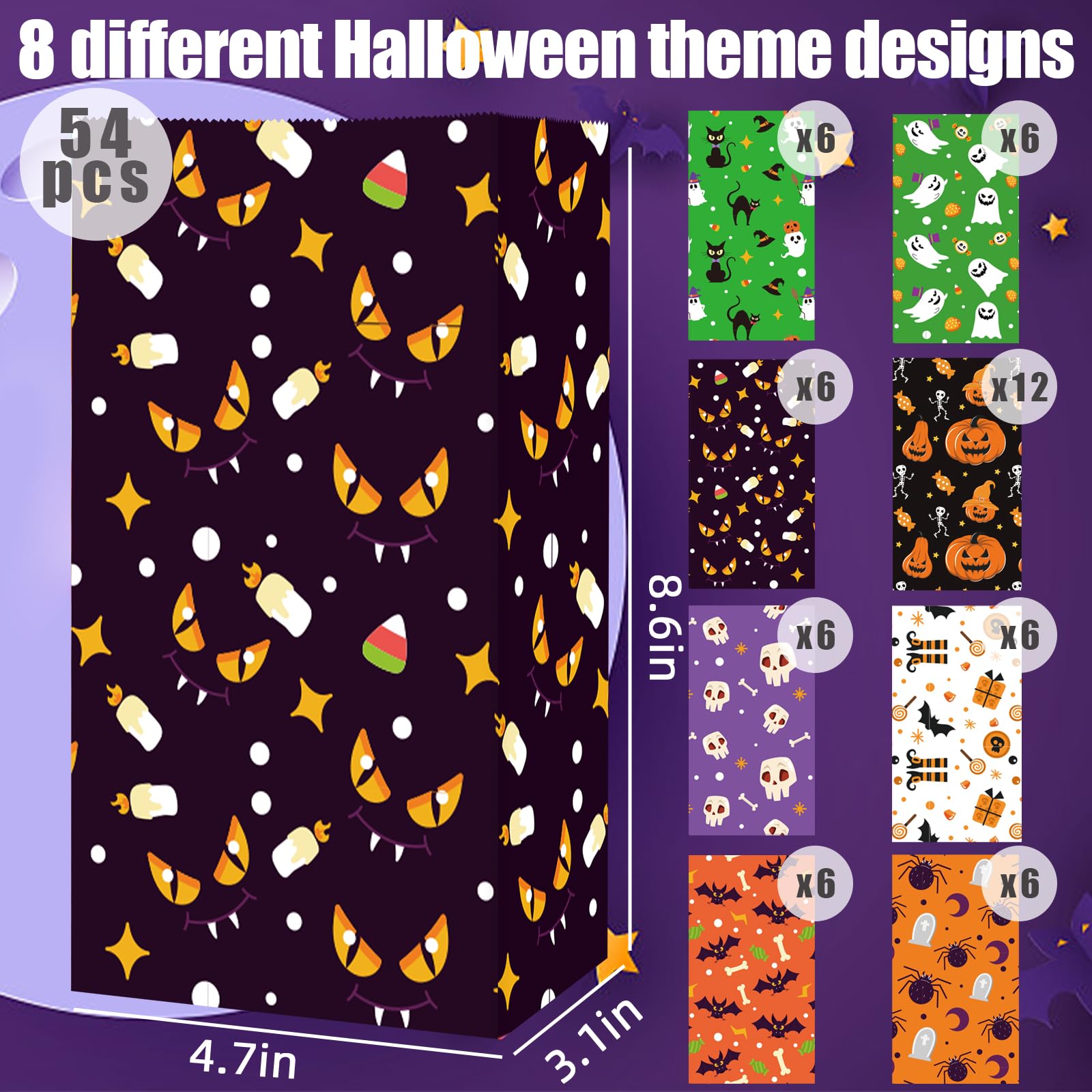 JOHOUSE 54PCS Halloween Candy Bags Bulk - Small Paper Treat Bags with Sealing Stickers for Trick or Treat, Party Favors, Classroom Treats & Halloween Party Decorations