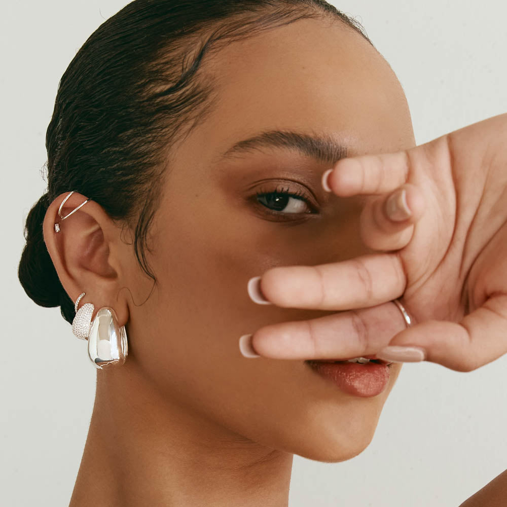 Silver Drop Dome Hoops Earrings for Women - Elegant Dangle Earrings for Party, Wedding & Everyday Wear