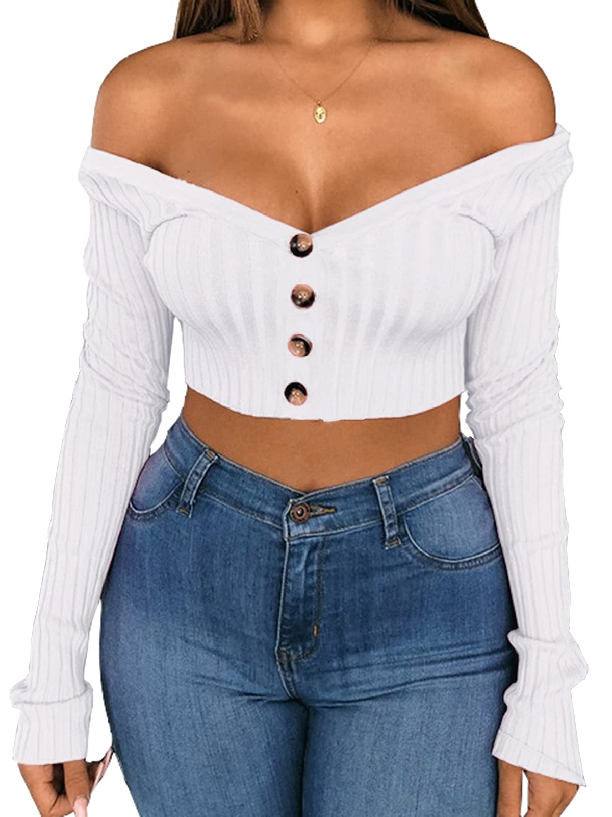 Artfish Women's Long Sleeve V-Neck Crop Top - Neon Ribbed Sexy Fitted Shirt for Party, Club & Night Out | Trendy Casual Wear for Women