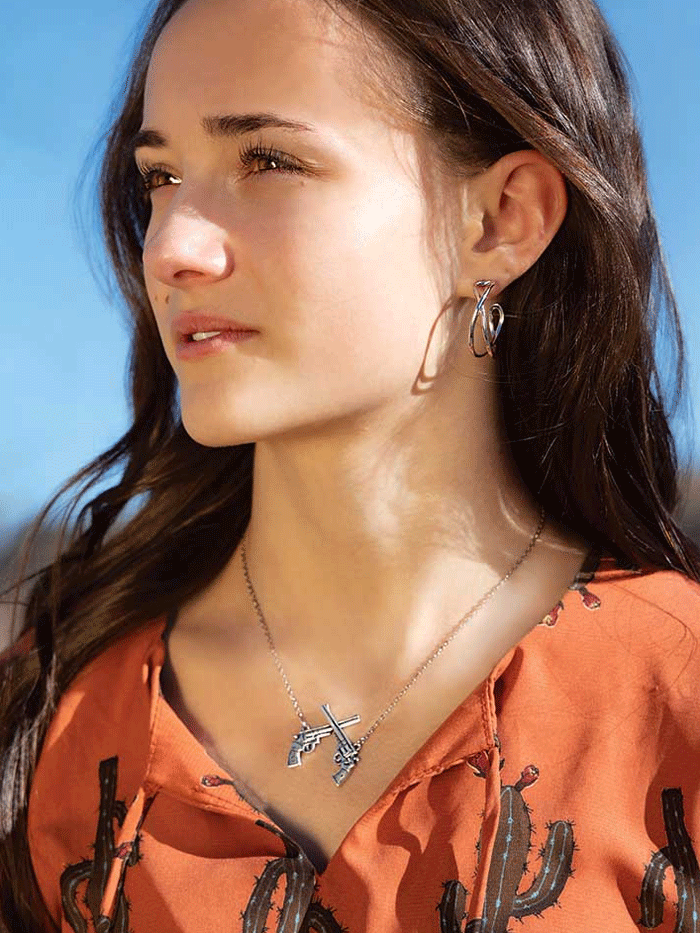 Montana Silversmiths NC5879 Women's Crossed Pistols Pendant Necklace in Sterling Silver - Perfect for Western Fashion, Cowgirl Style & Everyday Wear