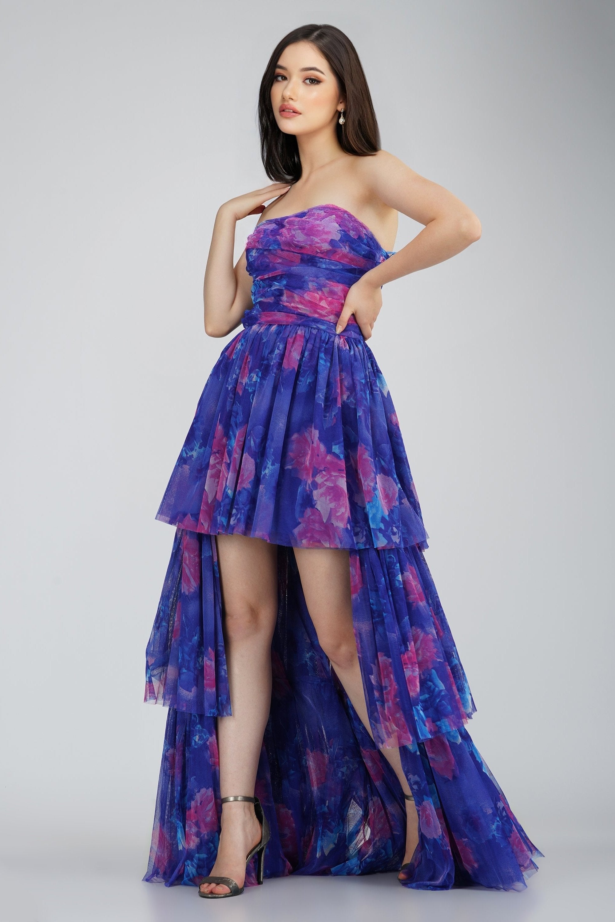 Shiloh High Low Tulle Dress - Blue Floral Print Formal Gown for Prom, Wedding & Special Occasions
