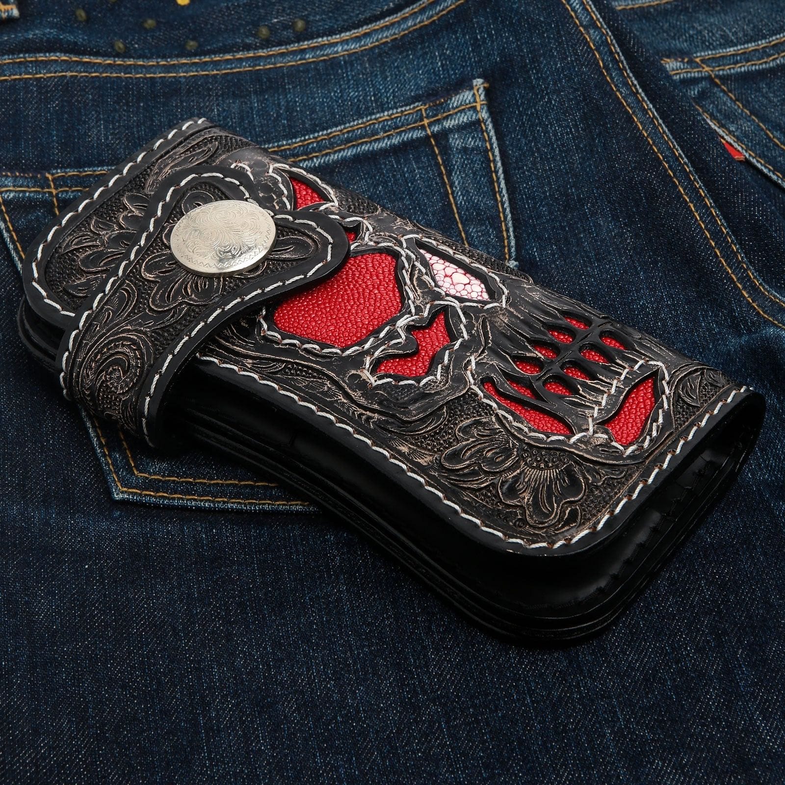 Hand Tooled Rider Skull Genuine Leather Biker Wallet - Custom Motorcycle Wallet for Men - Perfect for Biker Gifts, Motorcycle Rides & Everyday Use
