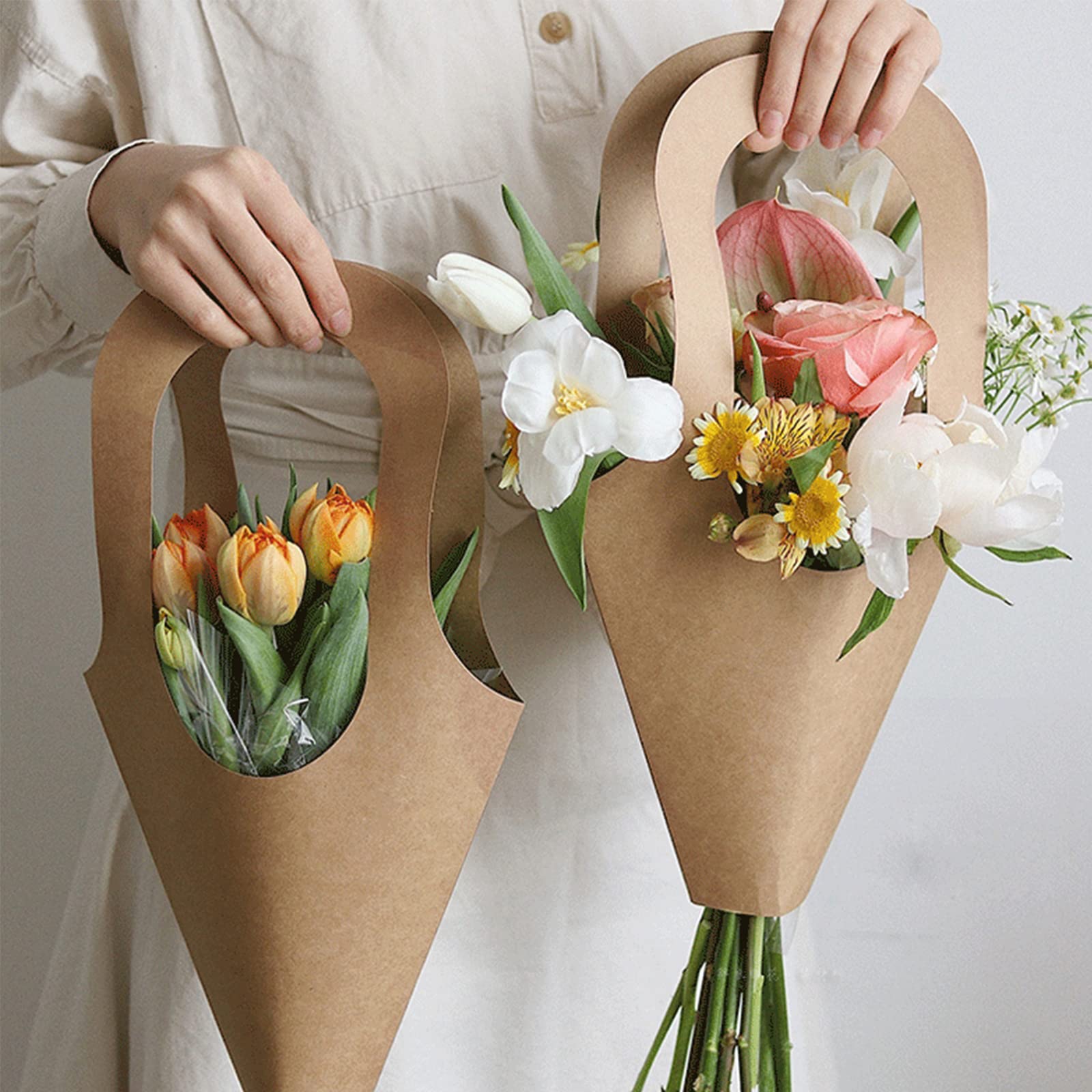 50 Pack Kraft Paper Flower Gift Bags | Hanging Bouquet Wrapping Bags for Wedding, Baby Shower & Home Decoration | Eco-Friendly Party Favors & DIY Craft Supplies