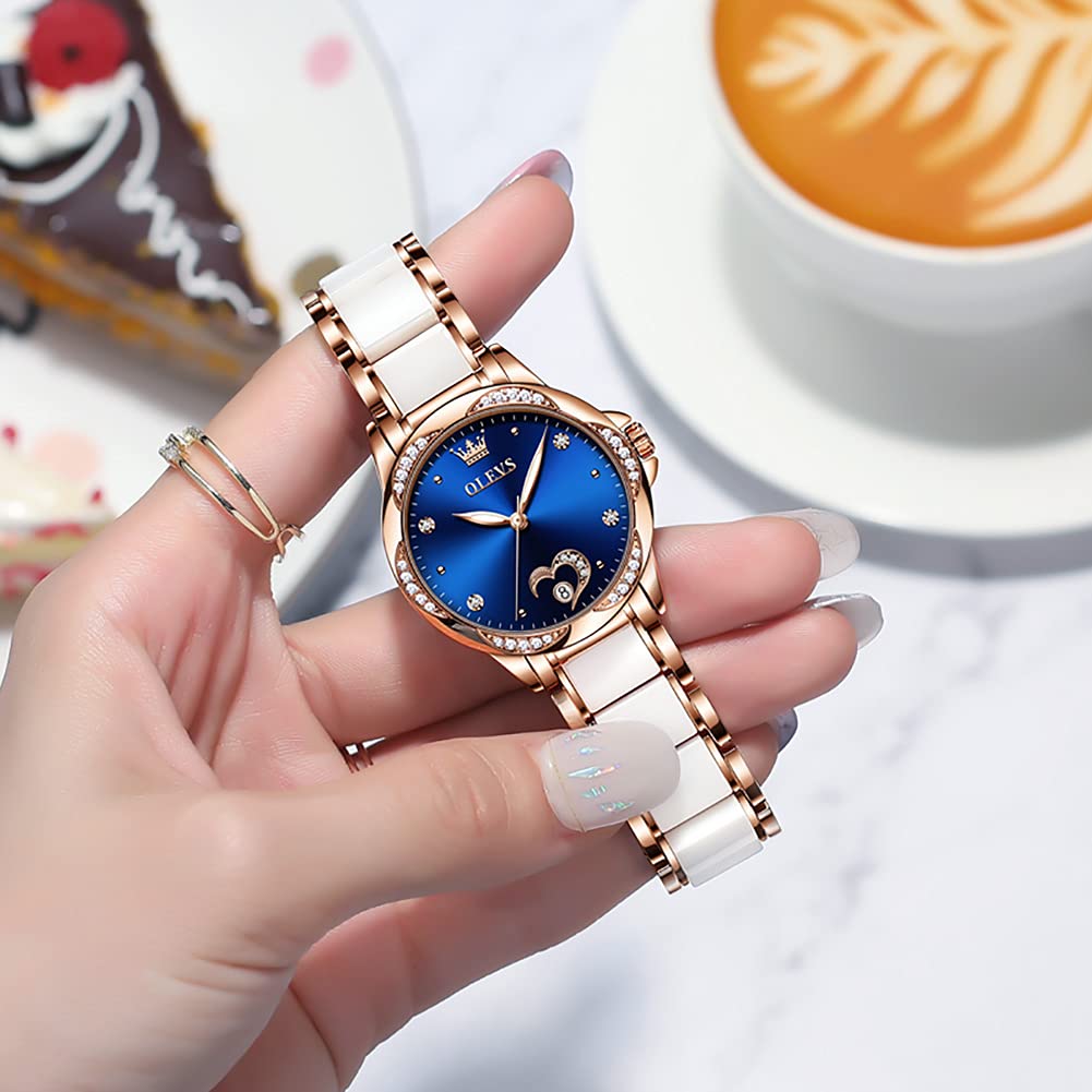 OLEVS Women's Automatic Self-Winding Mechanical Watch - Rose Gold Two-Tone Ceramic Strap with Diamond Heart Dial - Waterproof & Luminous - Elegant Dress Watch for Women - Perfect for Work, Party & Everyday Wear