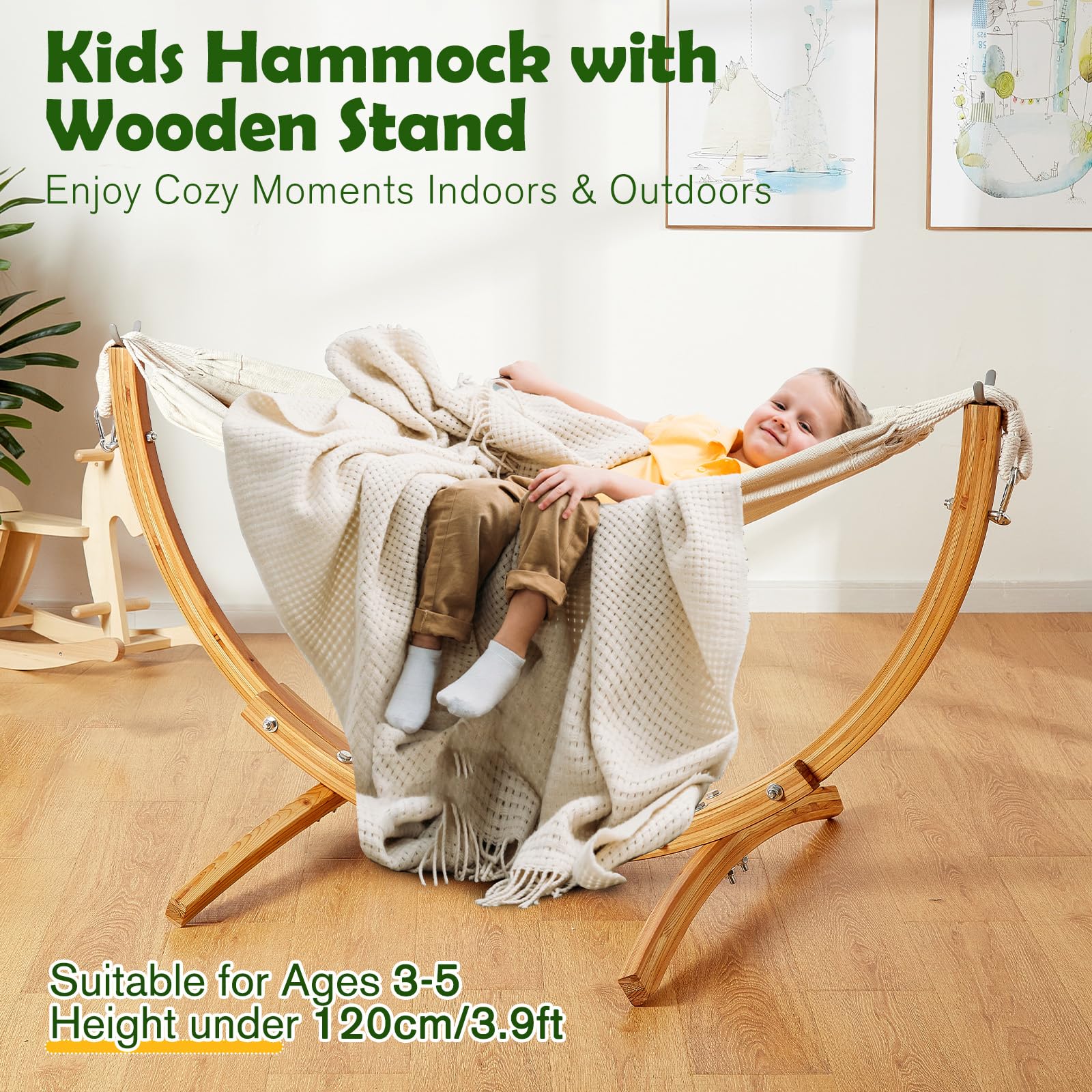 Premium Solid Wood Kids Hammock Chair with Stand - CPC Certified 220lbs Capacity for Children 3-5 Years | Stable Wider & Longer Design for Indoor/Outdoor Playroom, Nursery or Backyard Relaxation