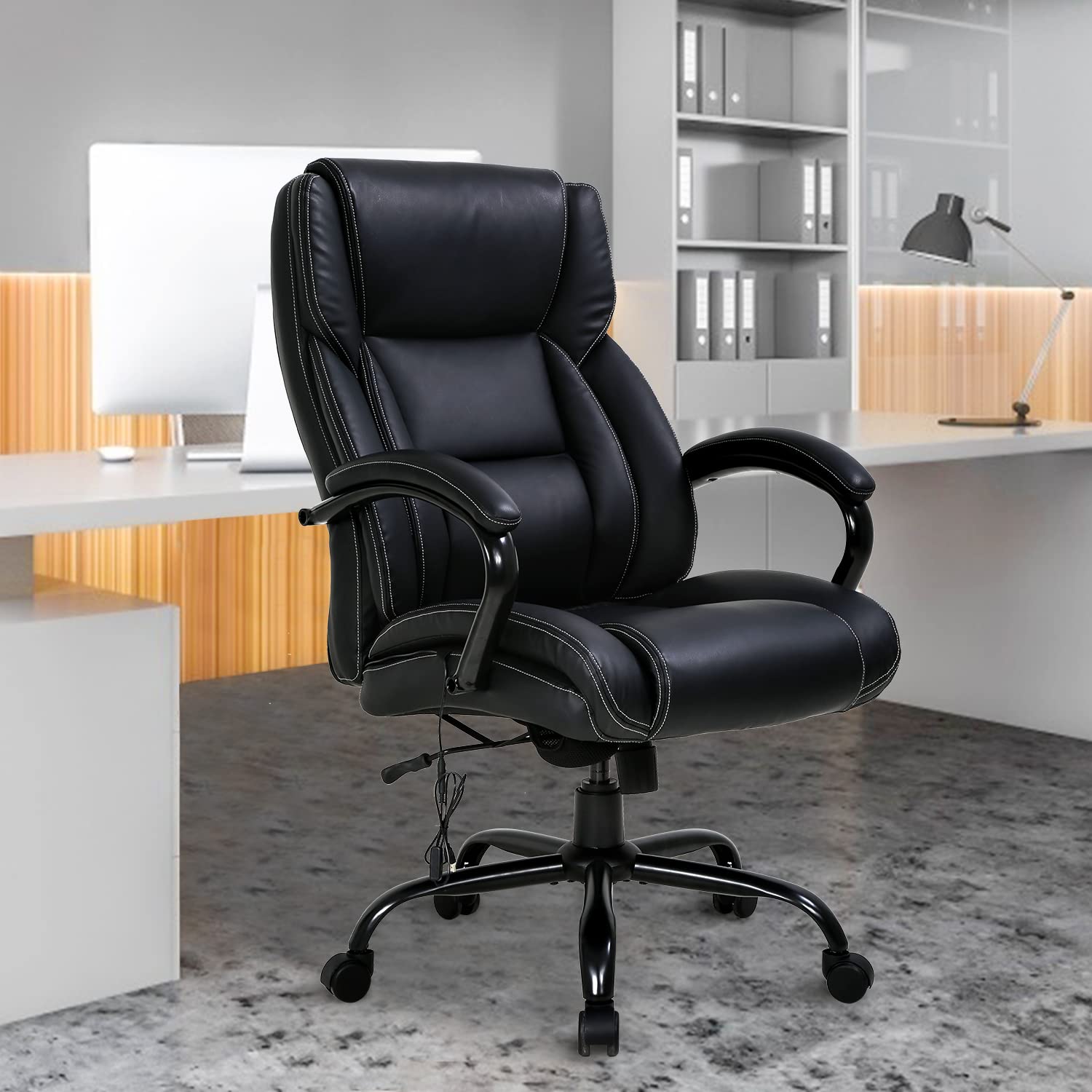 Big and Tall Office Chair 500lbs - Ergonomic PU Leather Executive Chair with Massage Lumbar Support, Thick Padding & Adjustable Headrest - High Back Computer Desk Chair for Home Office - Perfect for Long Work Hours and Heavy Users