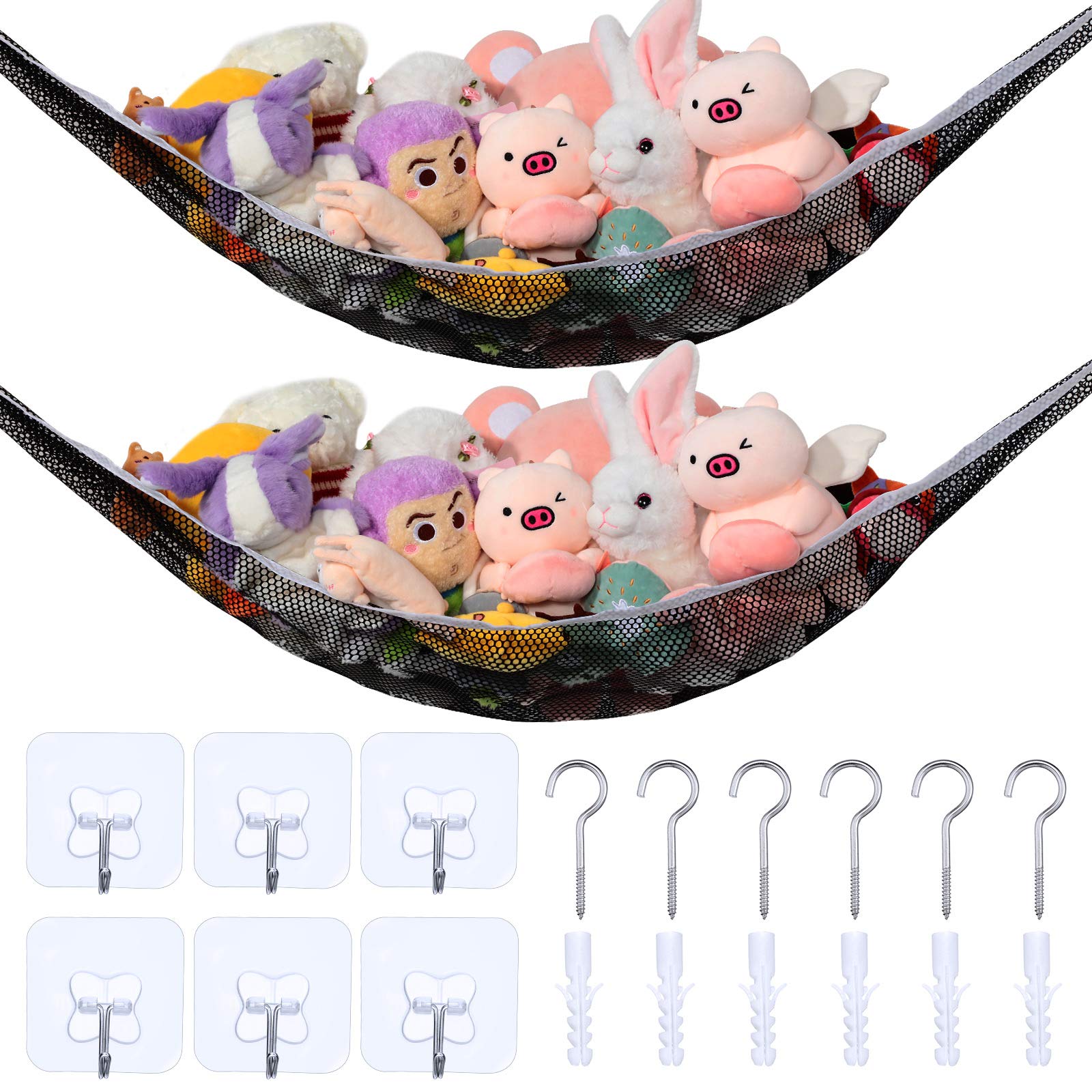 2-Pack Durable Stuffed Animal Hammocks - Large Wall-Mounted Toy Storage Net for Plush Toys, Dolls & Stuffed Animals with Strong Hooks - Perfect for Bedroom, Playroom & Kids Room Organization (Black)