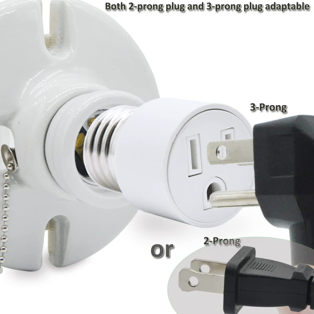 3 Prong Outlet Light Socket Adapter - E26 to Outlet Converter, Screw-in Light Bulb Socket Plug (2 Pack, White) - Perfect for Porch Lights, Security Cameras, Garage Lighting & Holiday Light Strings