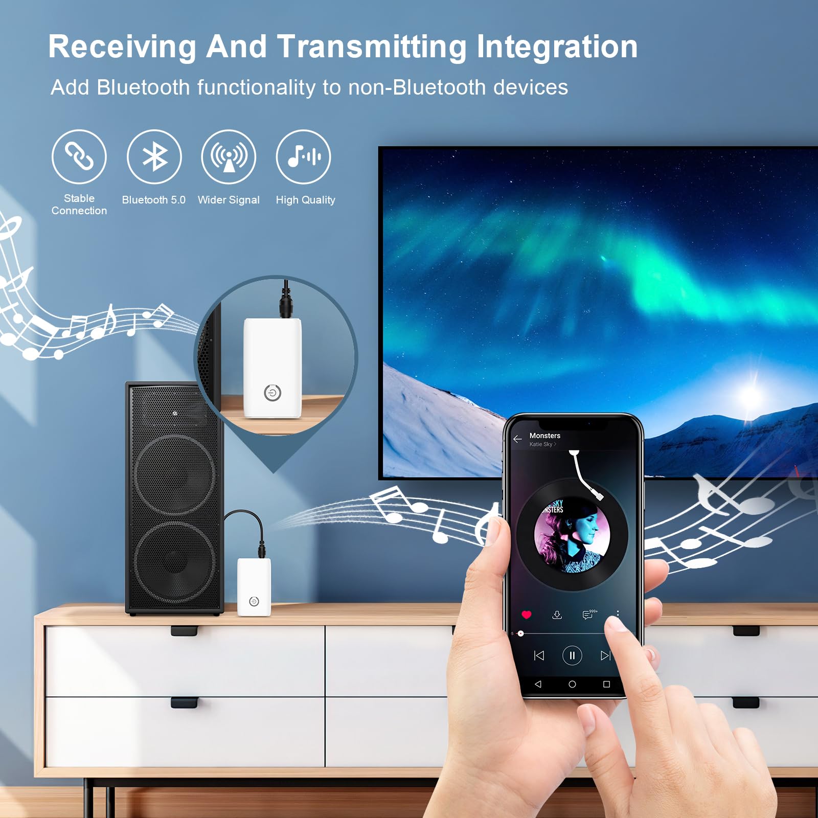 Bluetooth 5.0 Transmitter and Receiver 2-in-1 Wireless Audio Adapter - Portable Aux Car Kit for Laptop, TV, Headphones, Speakers | Hands-Free Calling, Music Streaming for Home, Office & Travel