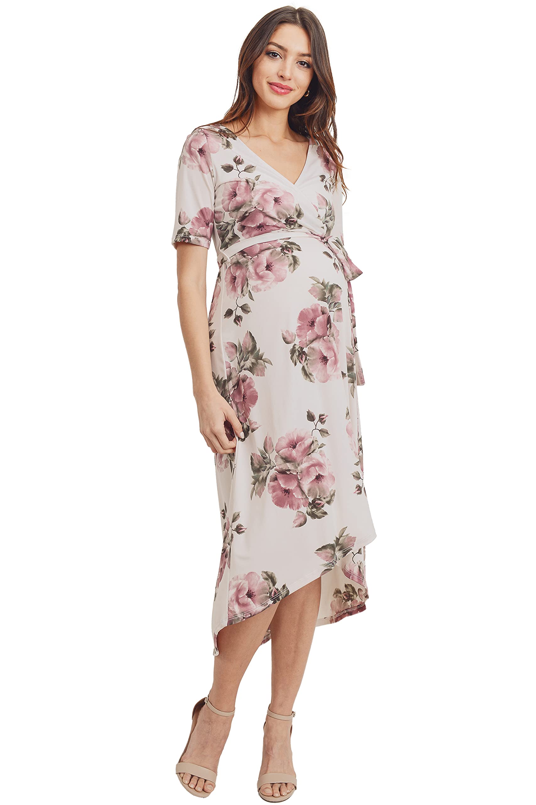 Maternity Wrap Dress for Women - Stretchy Midi Length with Adjustable Waist Belt | Perfect for Pregnancy, Nursing & Postpartum Comfort