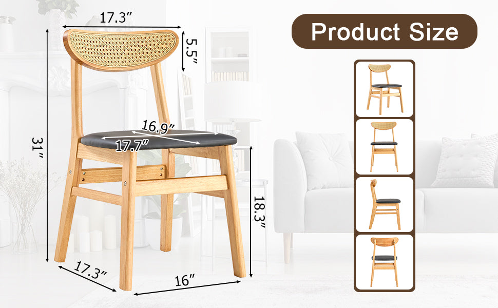 8-Piece Cozy Natural Rubberwood Dining Chair Set - Solid Wood & Rattan Style with Curved Back & PU Cushion - Perfect for Dining Room, Kitchen, Cafe & Home Decor