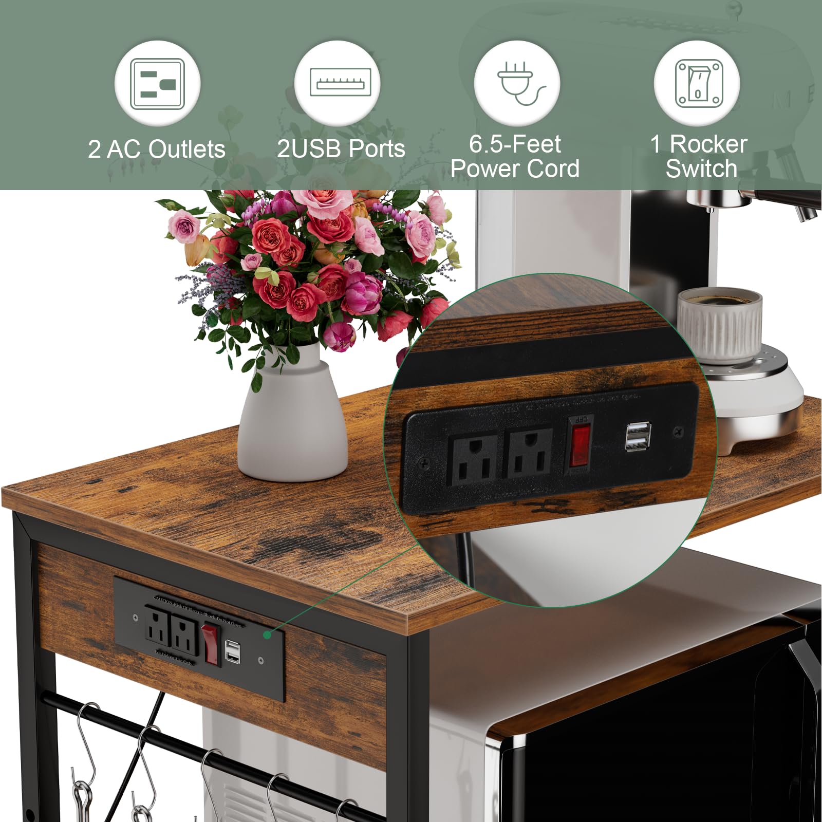 ETELI 3-Tier Bakers Rack with Power Outlet - Microwave Stand Cart with Storage Shelves - Mobile Coffee Station Table with Wheels - Rustic Brown Kitchen Cart for Living Room, Bedroom & Office - Perfect for Small Spaces, Apartment Cooking & Coffee Bar Setup