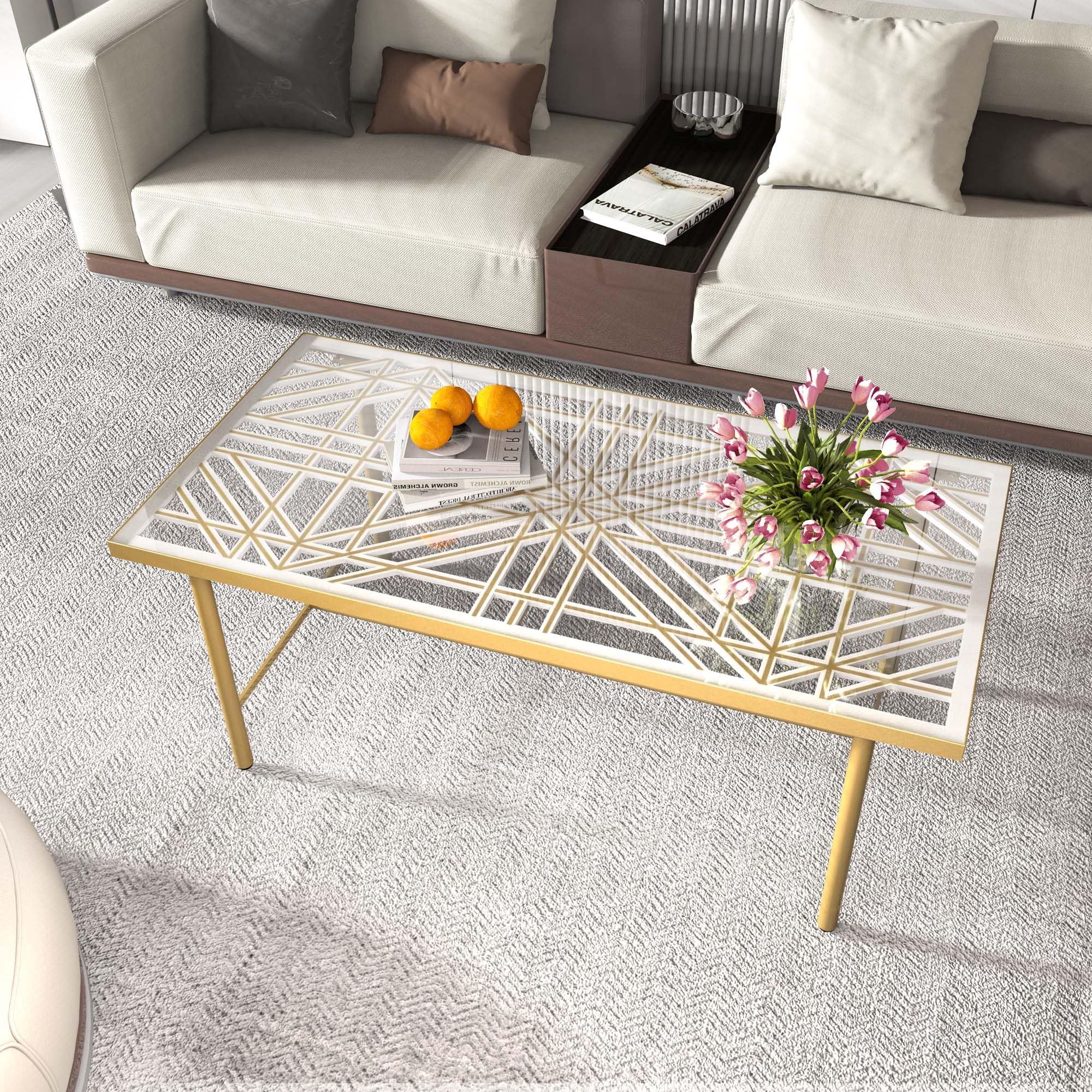 3D Hollow Carved Wood Panel Glass Coffee Table - Modern Metal Frame Center Table with Hand-Painted Gold Lines for Living Room, Office & Lounge - Rectangle Gold Accent Table for Home Decor & Entertaining
