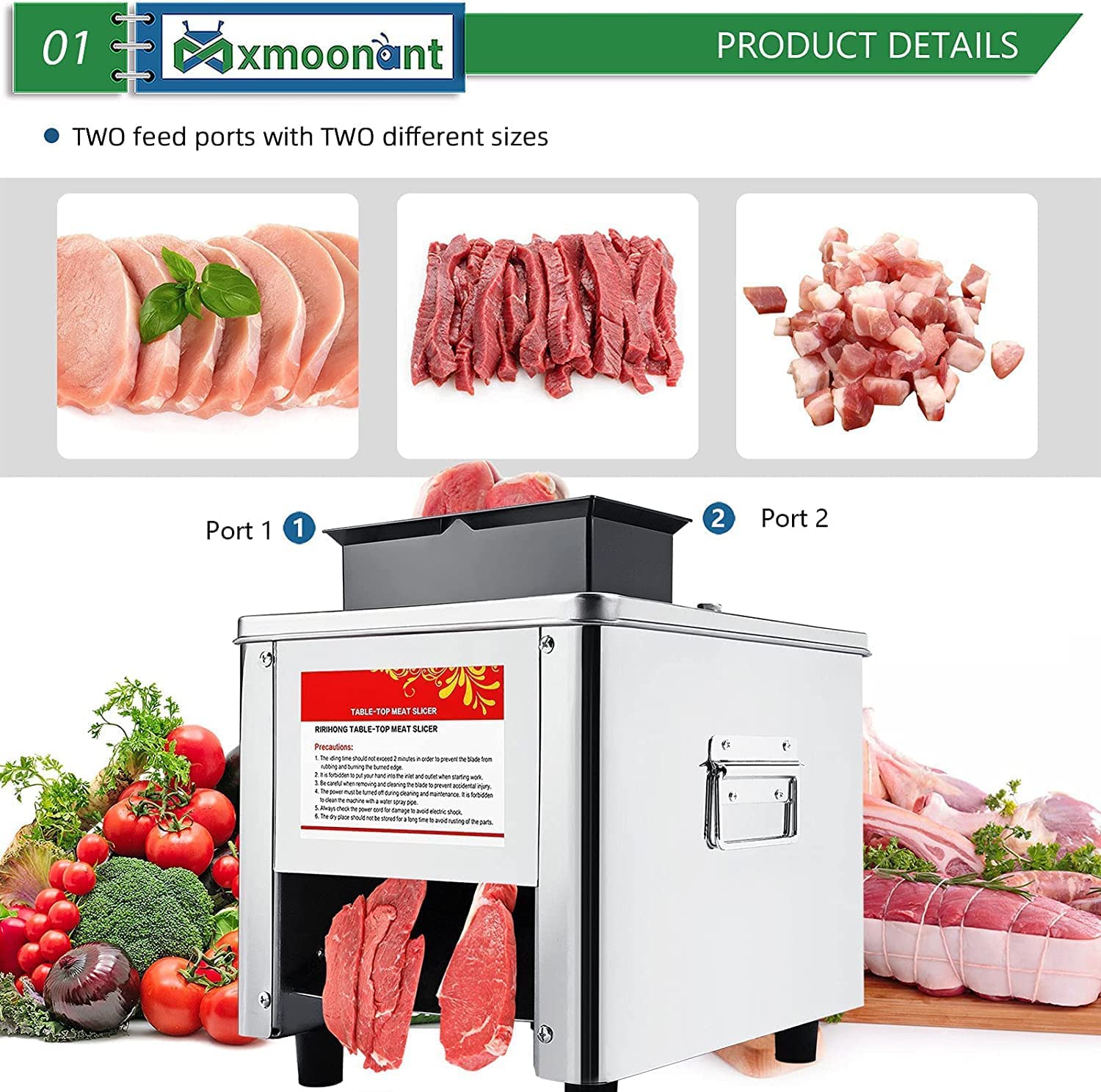 MXMOONANT 850W Electric Meat Cutter Machine - 3.5mm & 10mm Stainless Steel Blade, 330lb/h Capacity for Chicken, Beef, Fish & Vegetables - Perfect for Restaurants, Butcher Shops & Home Kitchen Use