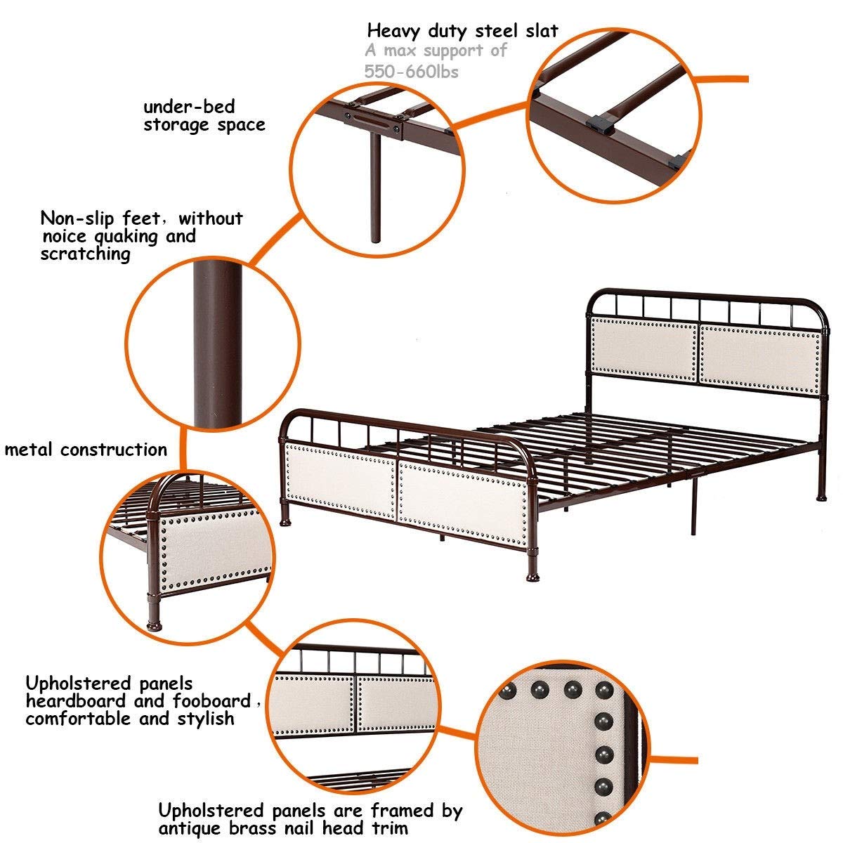 WATERJOY Queen Size Bed Frame - Sturdy Steel Platform Bed with Upholstered Headboard - Chocolate Brown - Perfect for Modern Bedrooms & Guest Rooms