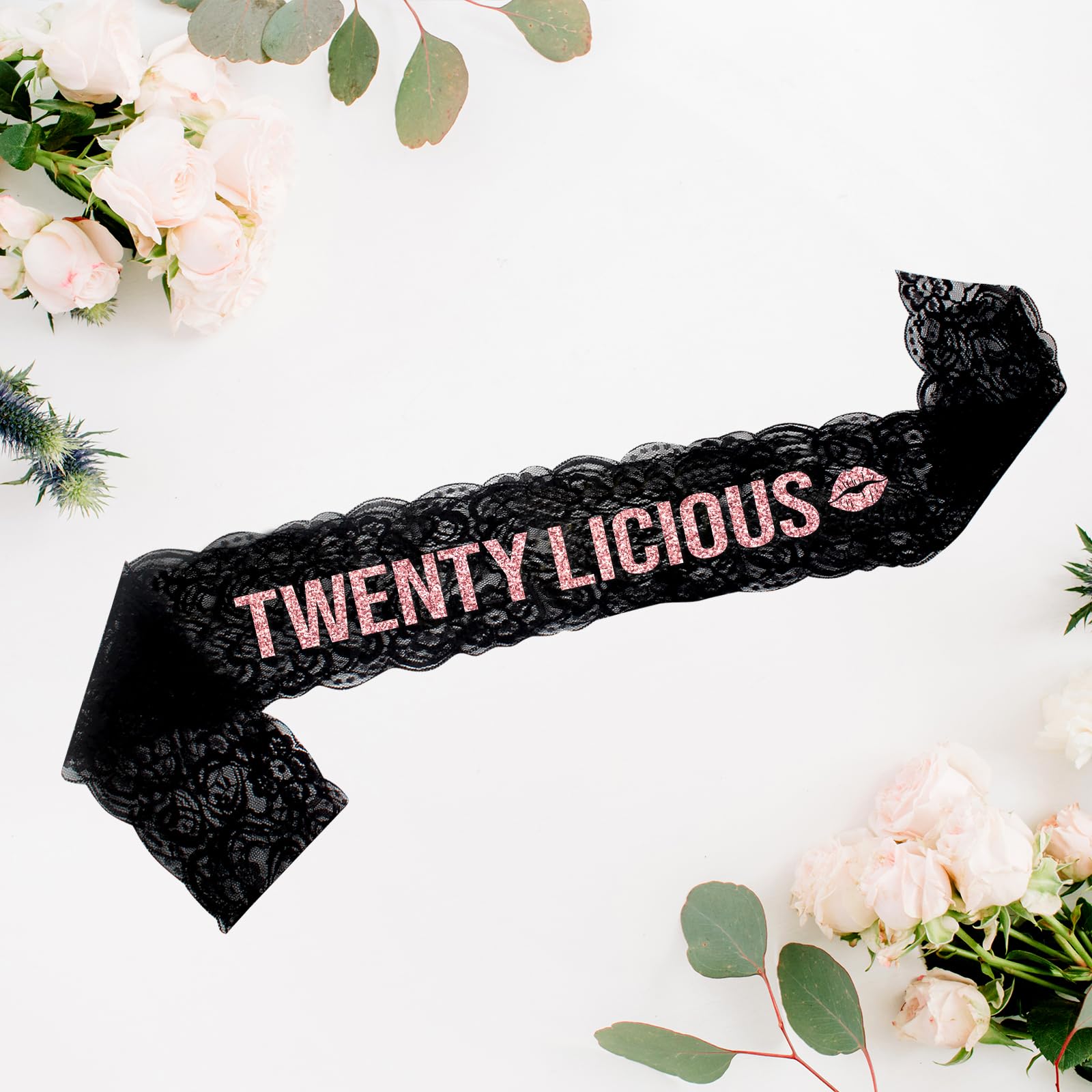 Twentylicious Black Lace with Rose Gold Foil Sash - Elegant 20th Birthday Sash for Women & Men - 20th Wedding Anniversary Party Decor - Milestone Birthday Celebration Supplies - Perfect for Birthday Parties, Anniversaries & Special Events
