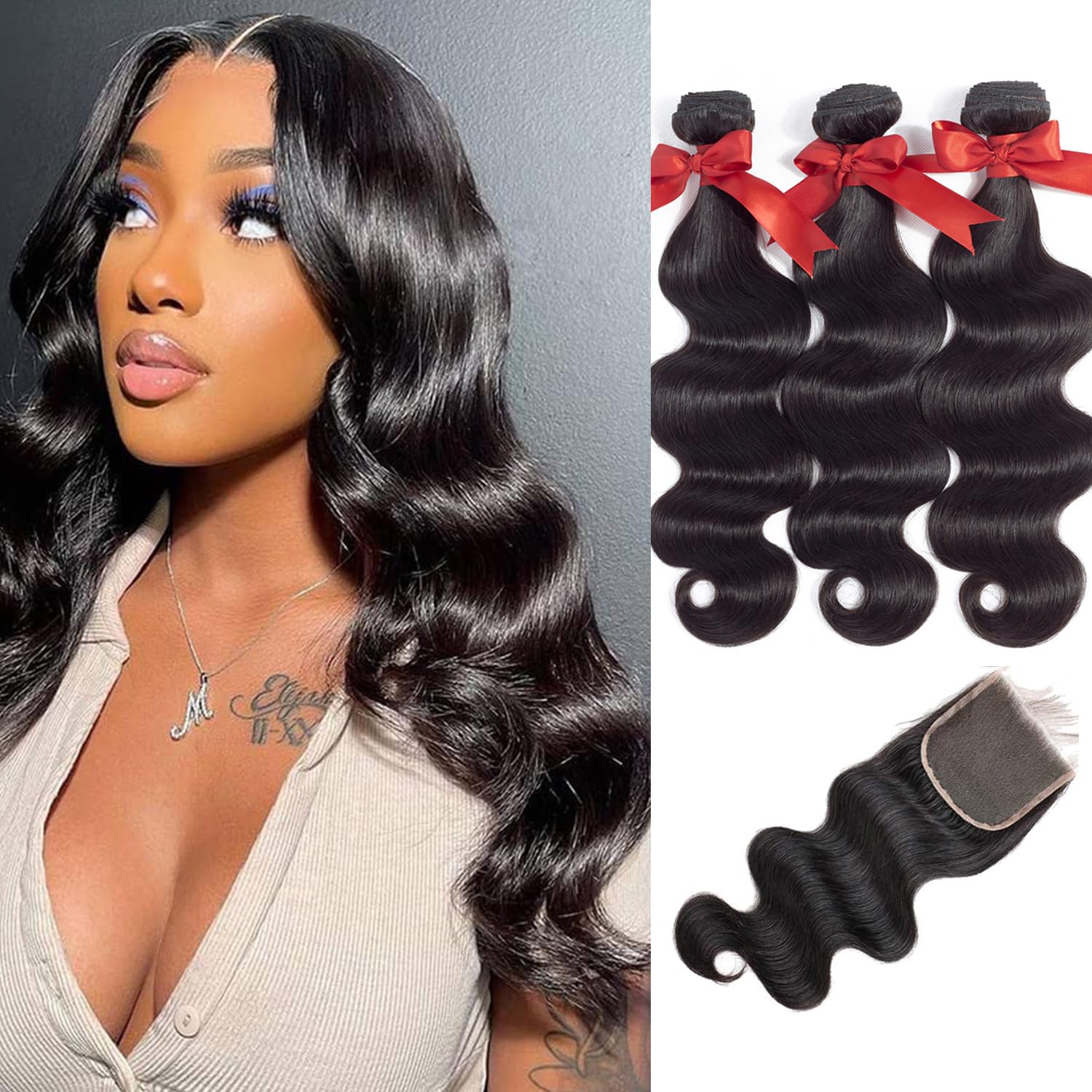 ALLRUN 20 22 24 Inch Body Wave Bundles with 4x4 HD Lace Closure - 100% Unprocessed Brazilian Virgin Remy Human Hair for Natural Look | Perfect for Weaves, Extensions & Styling