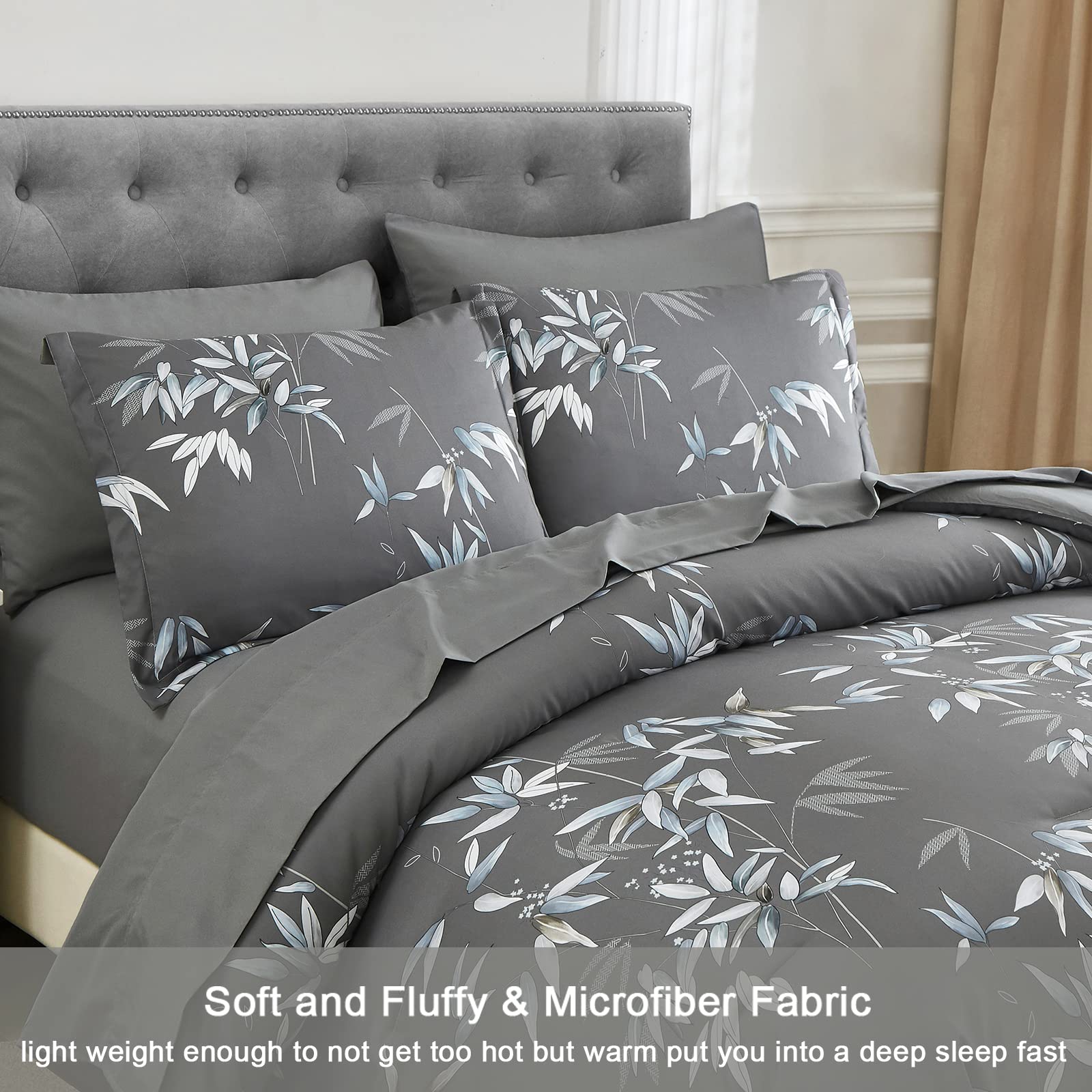 Queen Size Comforter Set - 7 Piece Bed in a Bag with Soft Lightweight Microfiber Grey Comforter, Sheets & Pillows | Ultra-Cozy Bedding for Master Bedroom, Guest Room & Dorm (Grey, Queen)
