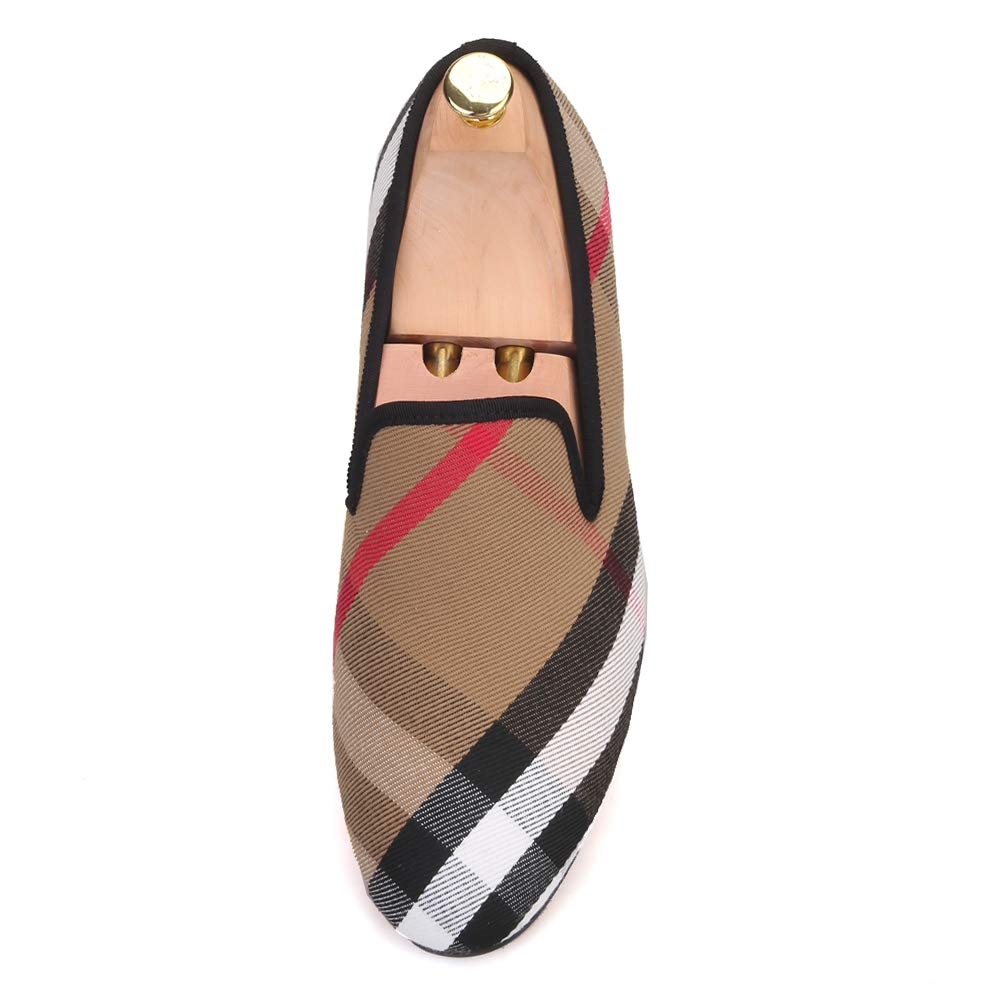 FERUCCI Men's Plaid Khaki Fabric Loafers - Comfortable Casual & Wedding Slippers for Indoor/Outdoor Wear - Perfect for Prom, Parties & Daily Use