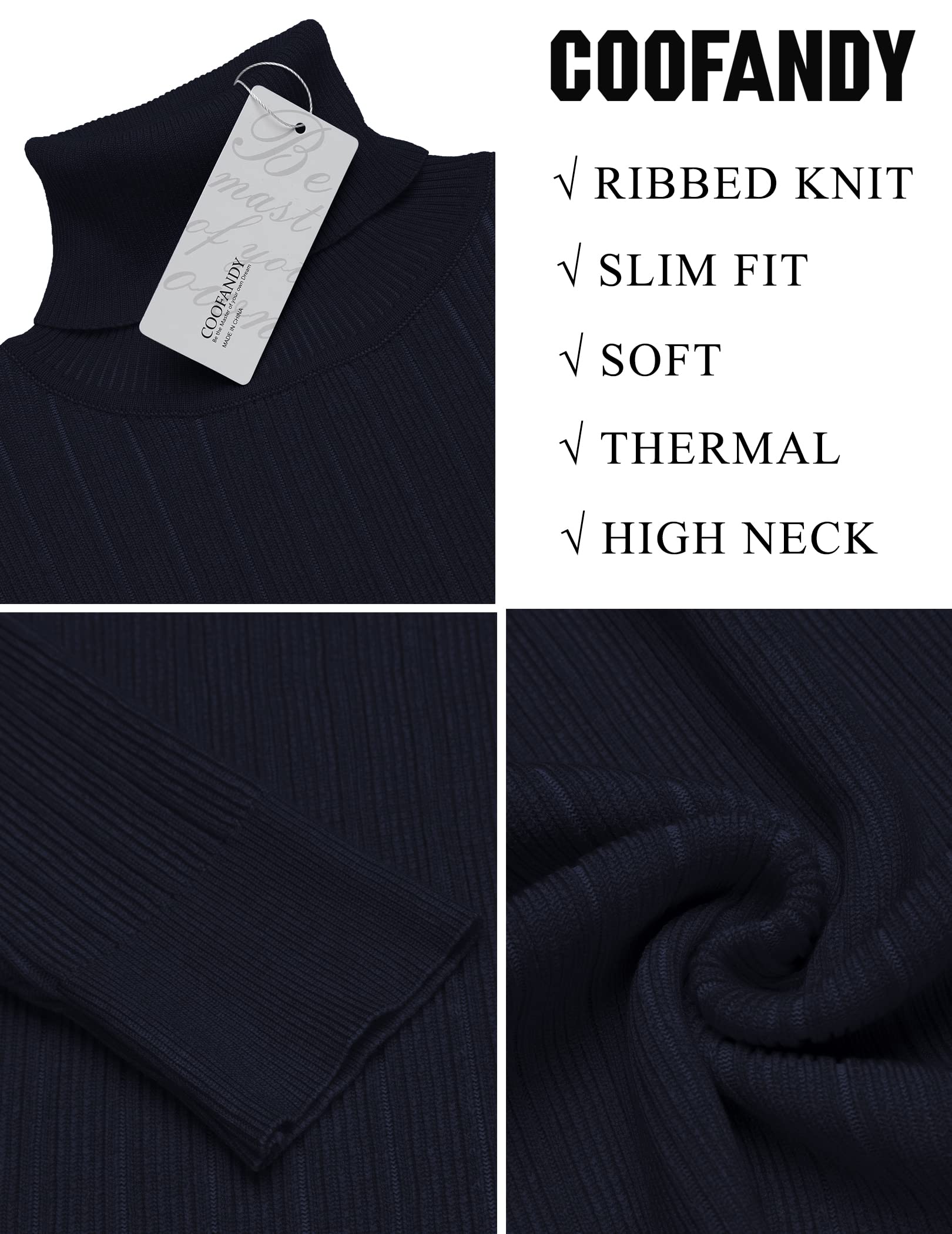 COOFANDY Men's Slim Fit Ribbed Knit Turtleneck Sweater - Winter Warm High Neck Pullover for Office, Dating & Casual Outfits
