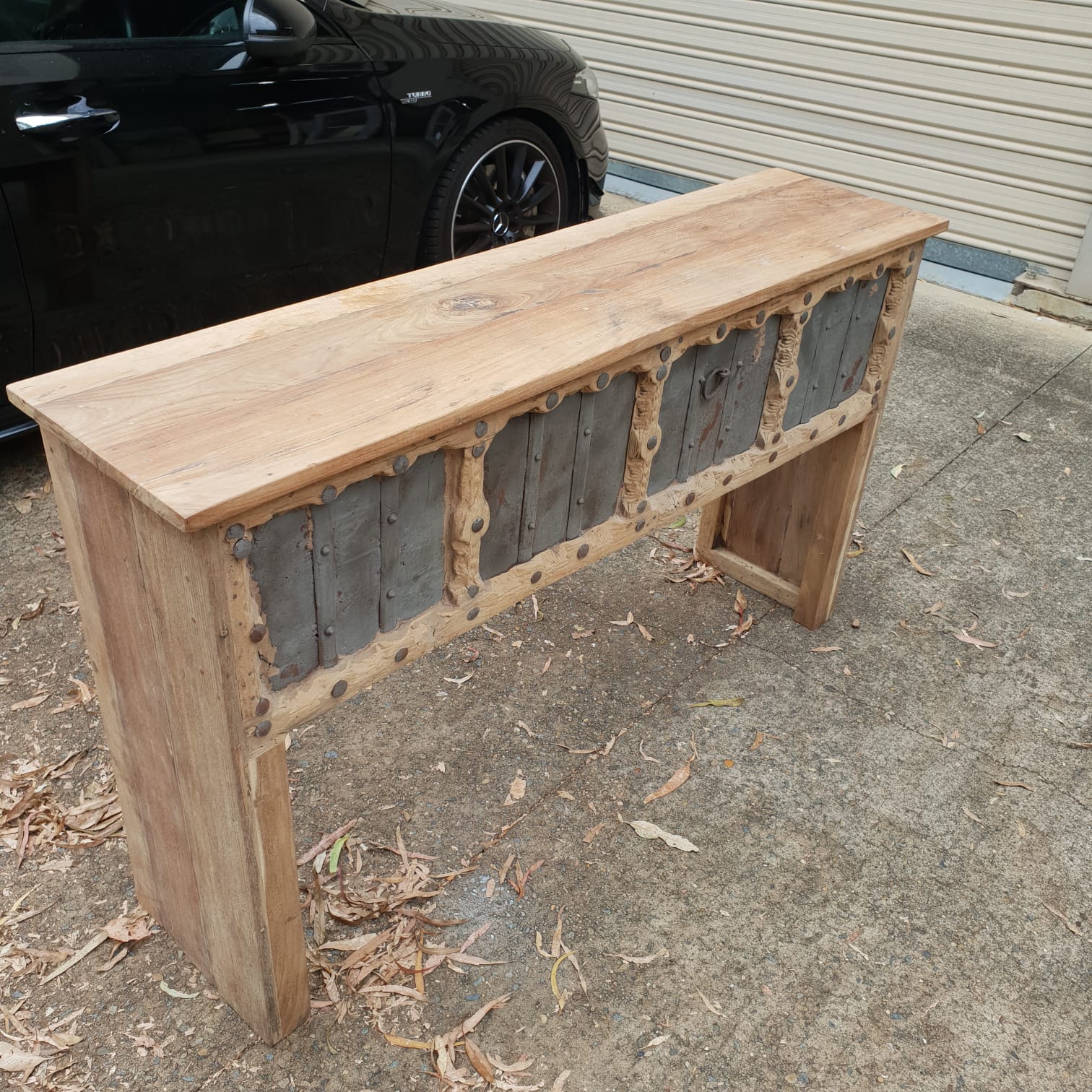 Handmade Reclaimed Wood Console Table - Rustic Carved Design with Iron Fittings | Entryway, Living Room & Hallway Decor