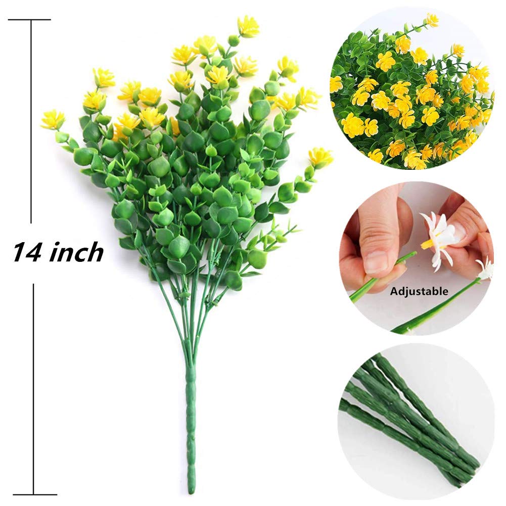 8 Bundles UV Resistant Artificial Flowers for Outdoor & Indoor - Fake Plastic Plants, Faux Greenery Shrubs for Hanging Planters - Home, Kitchen, Office, Wedding & Garden Décor (Yellow, 8pcs) - Perfect for Patio, Balcony & Table Centerpieces