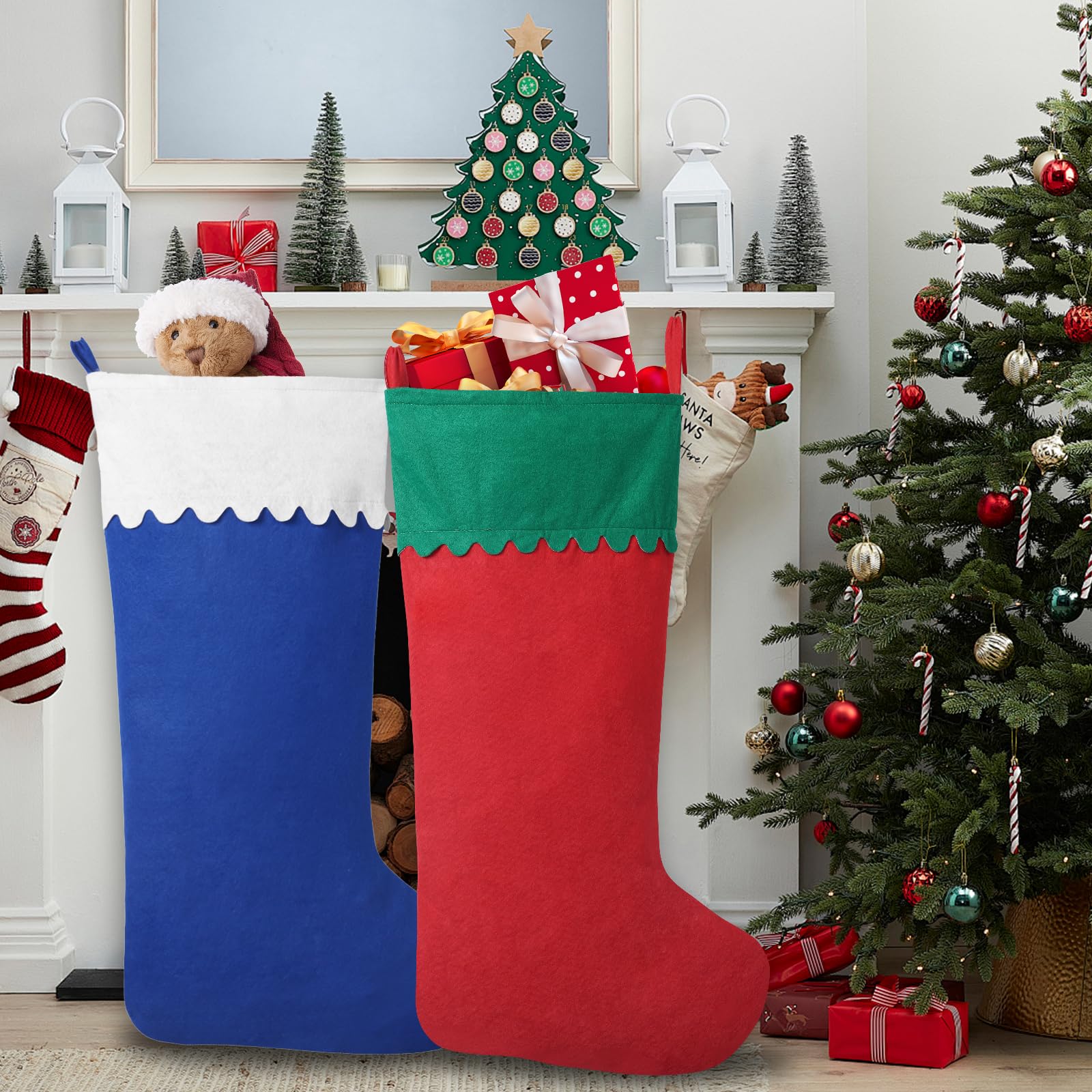 2 Pack Jumbo 38-Inch Red & White Felt Christmas Stockings - Large Holiday Stockings for Fireplace, Xmas Tree Decor - Perfect for Family Home Decorations, Christmas Parties & Festive Gift Giving