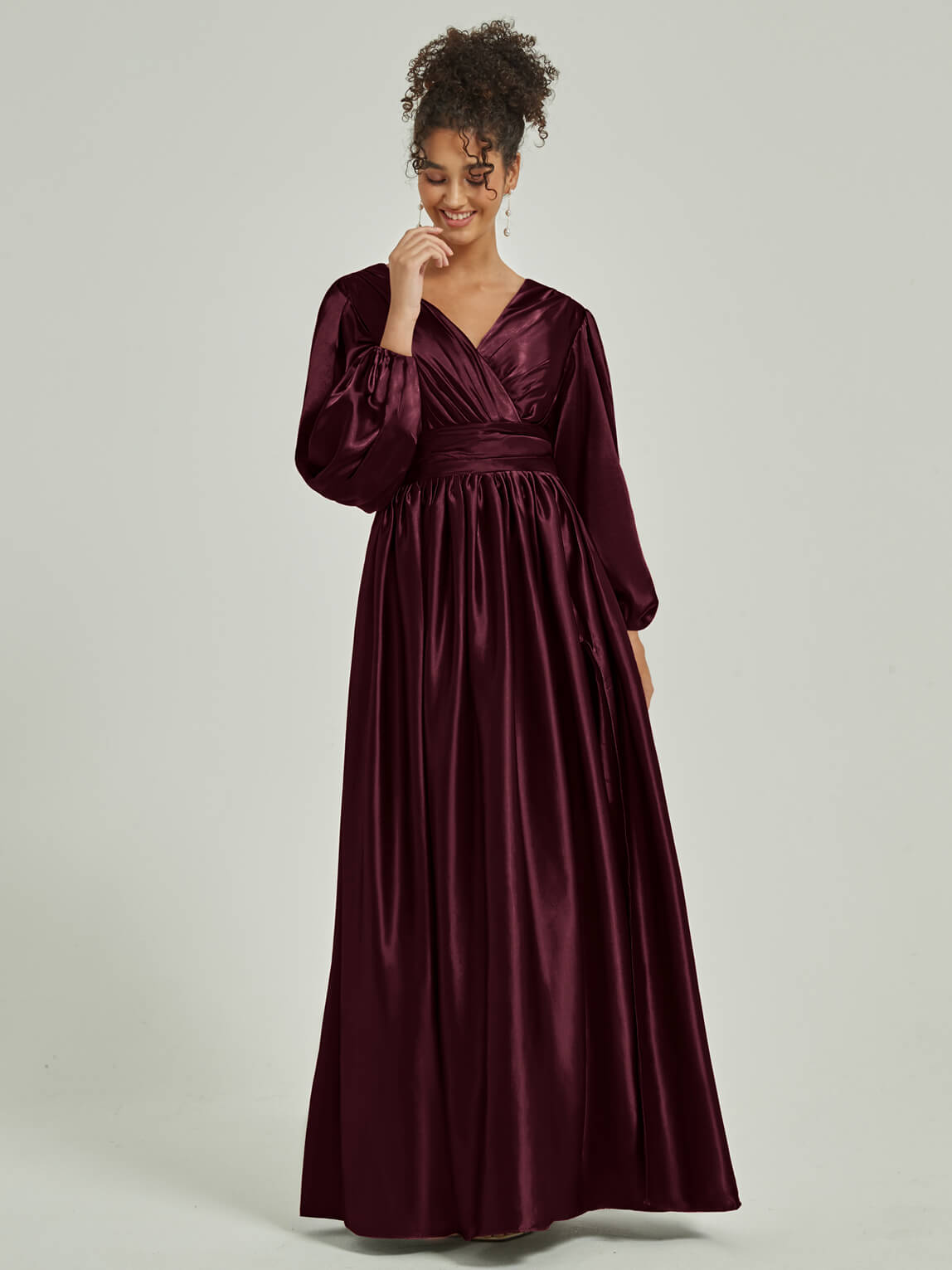 Elegant Cabernet Satin Bridesmaid Dress with 3/4 Sleeves, V-Neck & Pleated Slit Detail - Perfect for Weddings, Formal Events & Special Occasions
