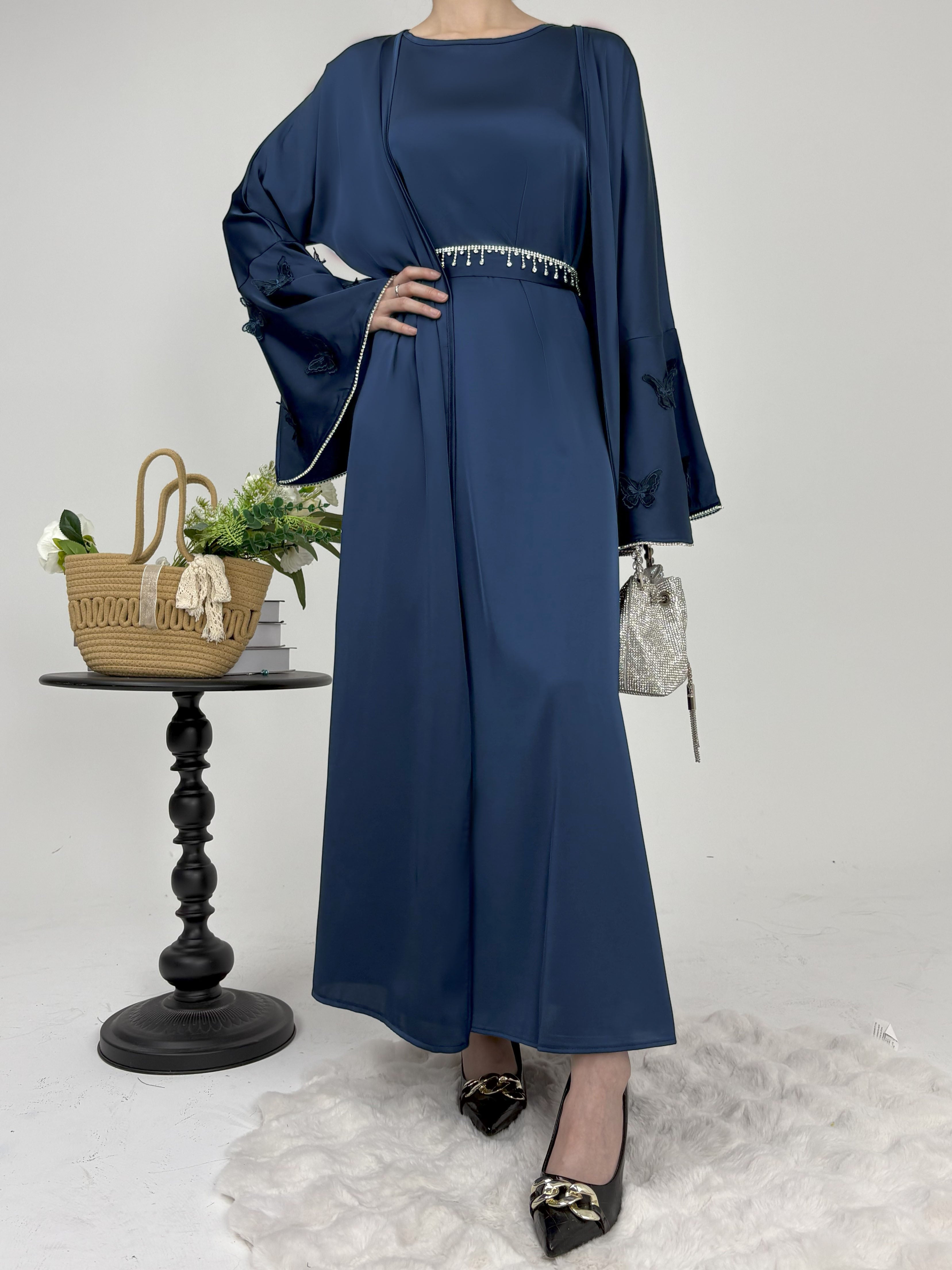 CL58 Celestial Butterfly Abaya Set - Elegant Silk Robe with Diamond Embellished Sleeves & Detachable Belt in Fresh Green/Brown | Perfect for Eid, Wedding & Special Occasions
