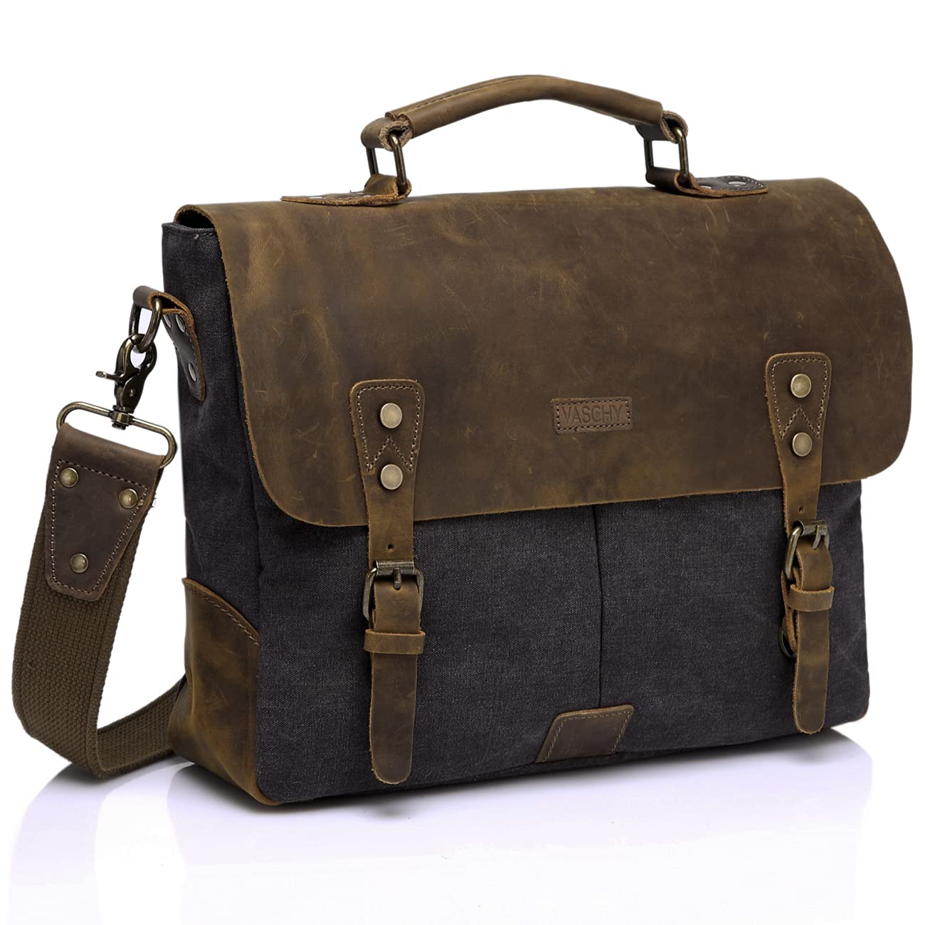VASCHY Vintage Leather Canvas Messenger Bag for Men - 14 Inch Laptop Satchel Crossbody Shoulder Bag - Perfect for Work, Travel & Daily Commute