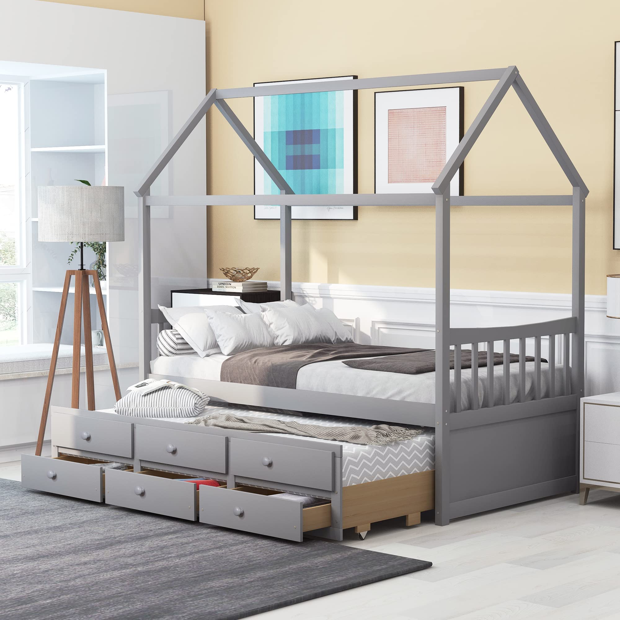 Solid Wood Twin Size House Bed with Roof, Trundle & 3 Storage Drawers - Kids Bedroom Furniture, Playroom or Nursery - No Box Spring Needed - Gray (THD) - Perfect for Small Spaces, Sleepovers & Playtime Adventures