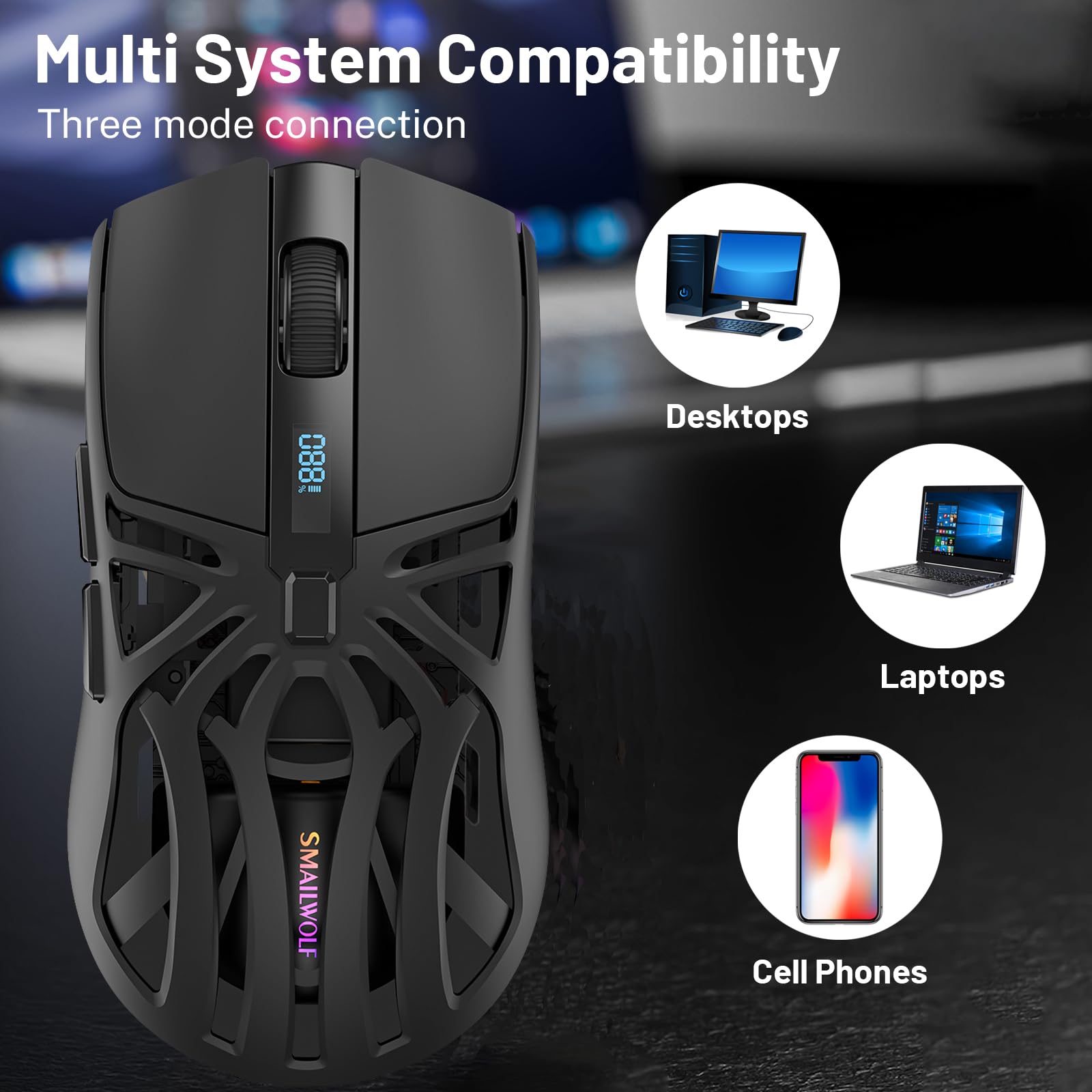 Wireless Gaming Mouse - 10000 DPI Tri-Mode 2.4GHz/Bluetooth/Wired with 6 Buttons, Digital Display & Silent Click - Rechargeable RGB Mouse with Customizable Macros for PC, Mac, Laptop (Black) - Perfect for Esports, Office Work & Home Gaming