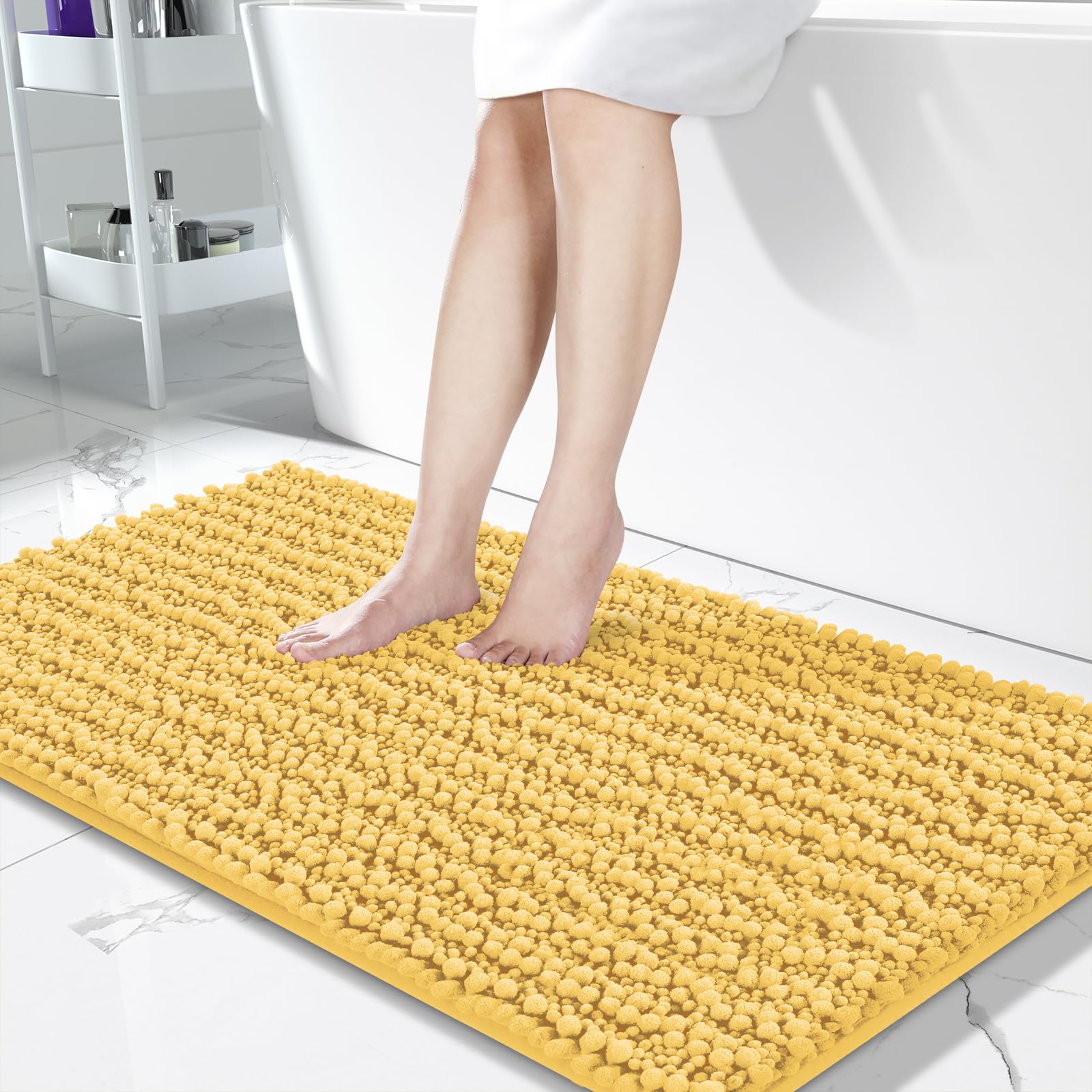 Yimobra Non-Slip Bathroom Rug Mat - 44x24 Inch Super Absorbent Quick Dry Bath Mat, Soft Thick Machine Washable Bathroom Floor Mat for Shower, Tub & Bedroom - Modern Home Decor Accessories in Yellow