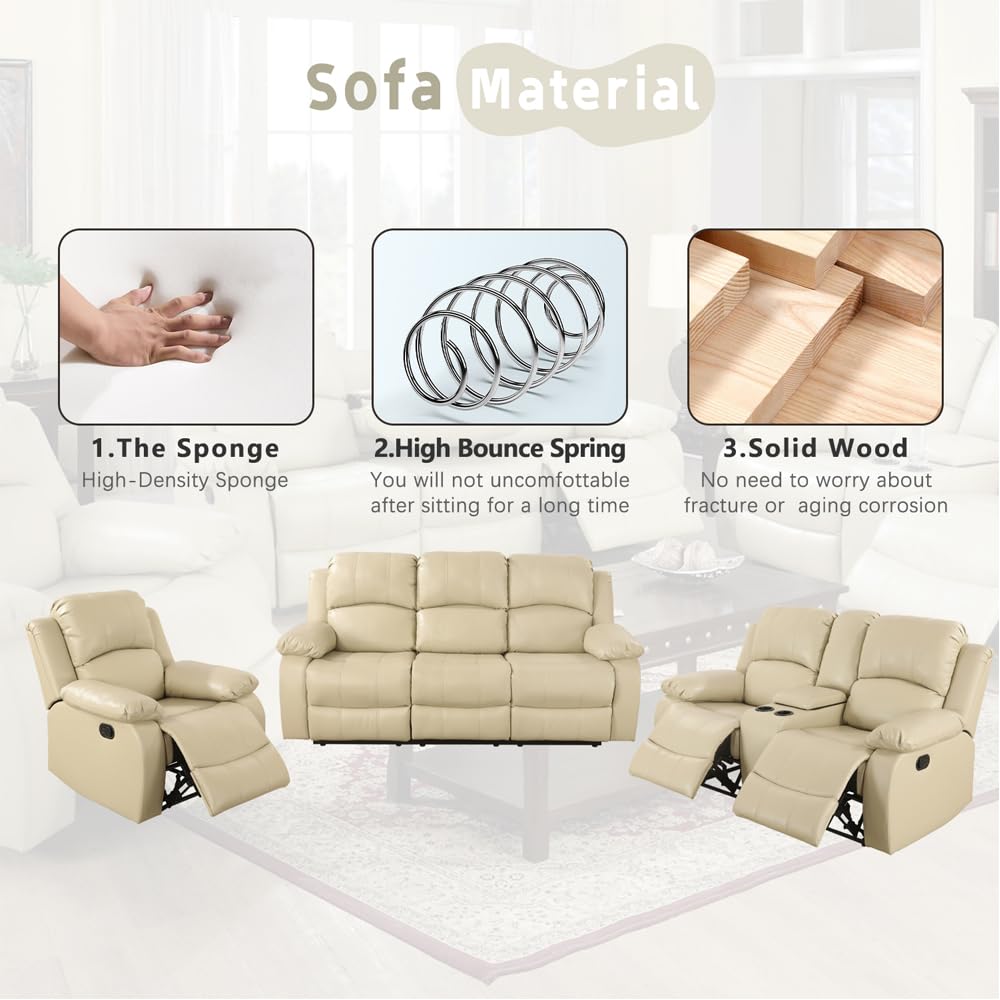 Ainehome 3-Piece Recliner Sofa Set - Manual Reclining Loveseat with Storage Console & Cup Holders, Bonded Leather Sectional Couch for Living Room, Home Theater or Family Room (Beige) - Comfortable Seating for Movie Nights & Relaxation