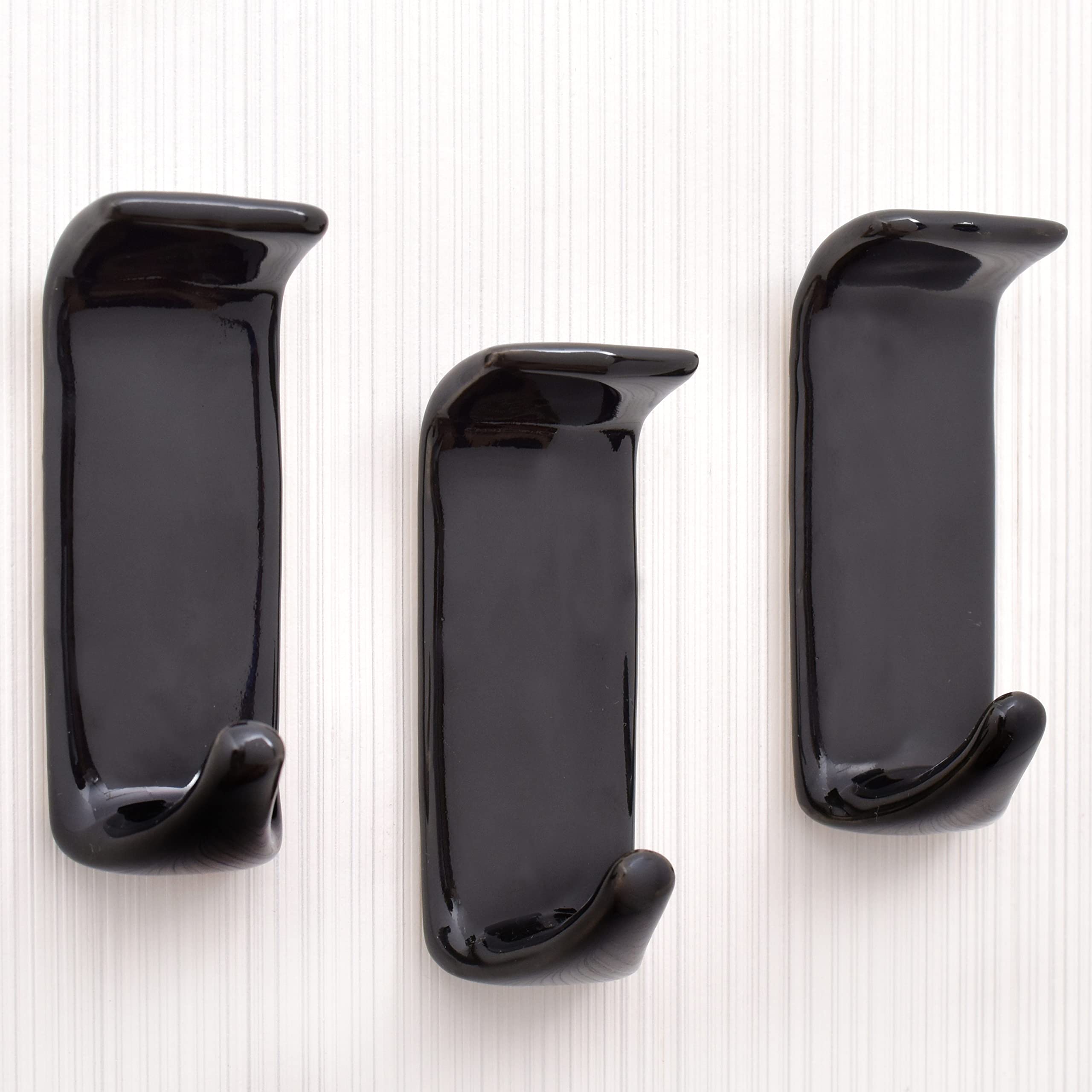 Strong Adhesive Wall Hooks - 3 Pack Black Ceramic No Drill Coat Hooks for Bathroom, Kitchen & Bedroom - Damage-Free Sticky Hanging Solution for Towels, Robes & Clothes