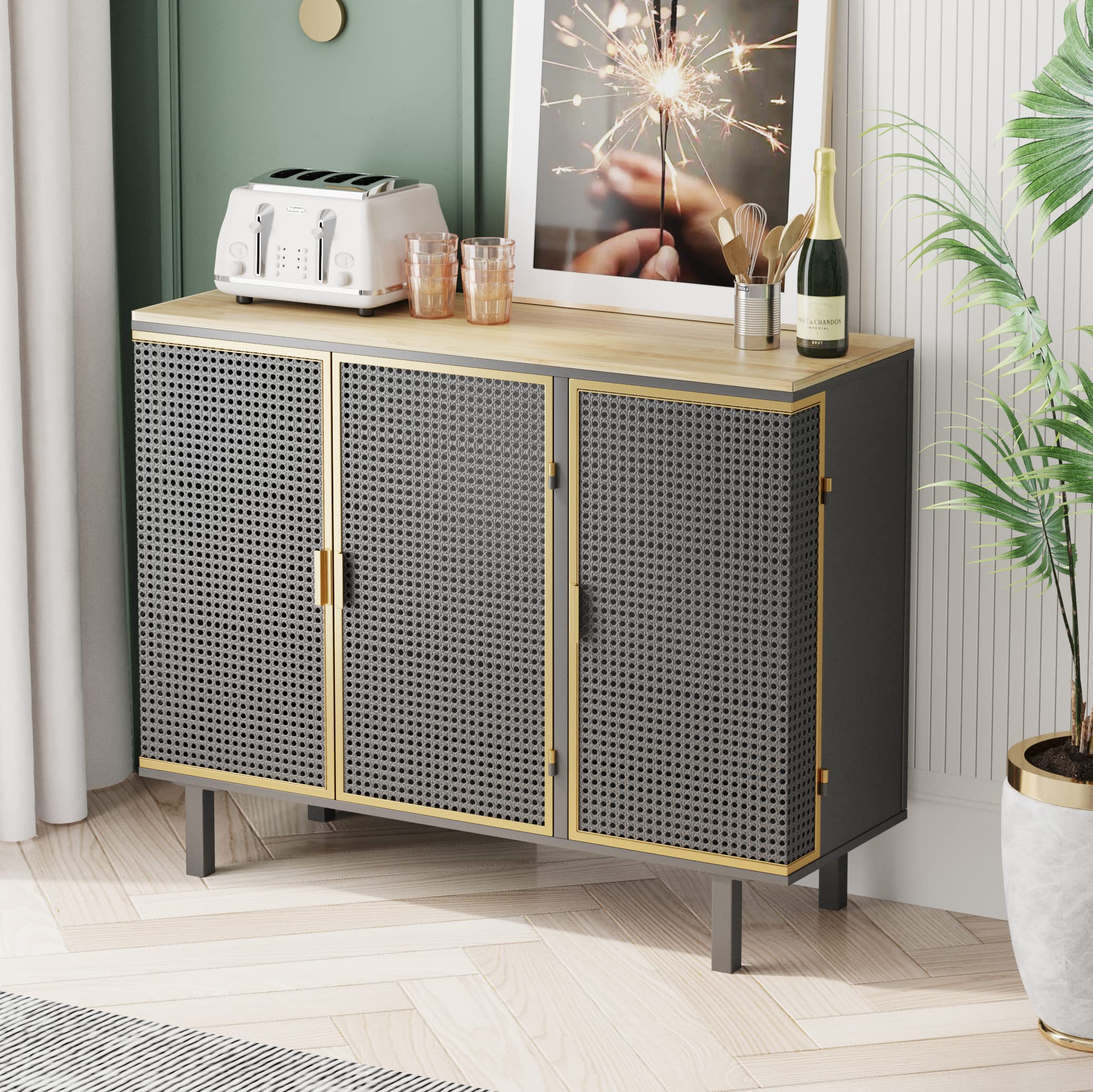 Modern Yoluckea Sideboard Buffet Cabinet with 3 Metal Mesh Doors - Kitchen Dining Room Storage, Entryway Console Table for Hallway & Living Room - Perfect for Home Organization & Stylish Decor