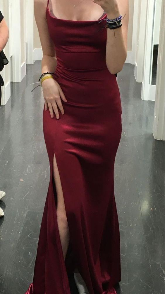 Elegant Burgundy Mermaid Prom Dress with High Slit - Satin Long Evening Gown J4566 for Homecoming, Prom Night, and Formal Events