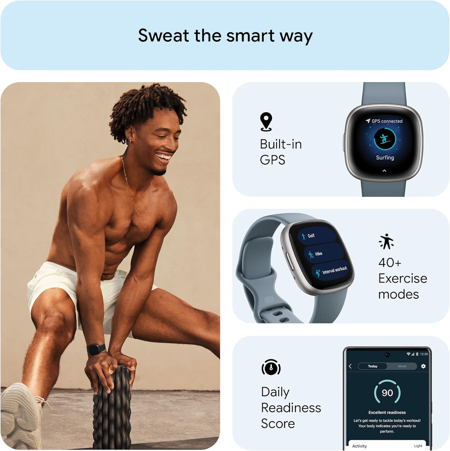 Fitbit Versa 4 Smartwatch with GPS, Heart Rate Monitor & 40+ Exercise Modes - Waterfall Blue/Platinum Bundle (Includes Cleaning Cloth & Charger) | Fitness Tracker for Running, Swimming, Cycling & Sleep Tracking | Ideal for Men & Women Active Lifestyles & Workouts
