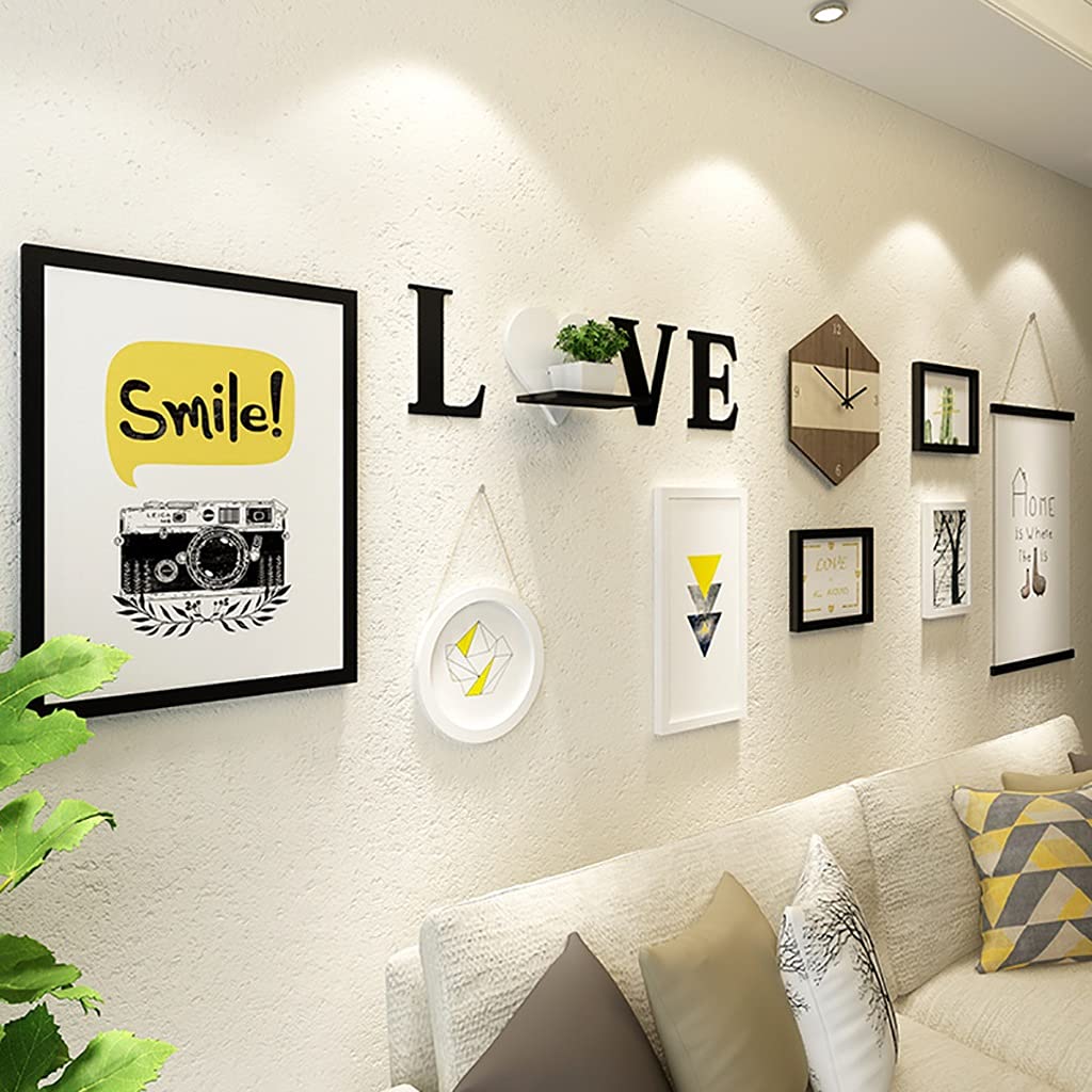8 Pack Wooden Live Photo Frame Collage with Wall Clock & Alphabet Storage Shelf - Wall Art Display for Family Pictures, Gallery Decor in White & Black | Perfect for Living Room, Bedroom & Nursery Décor
