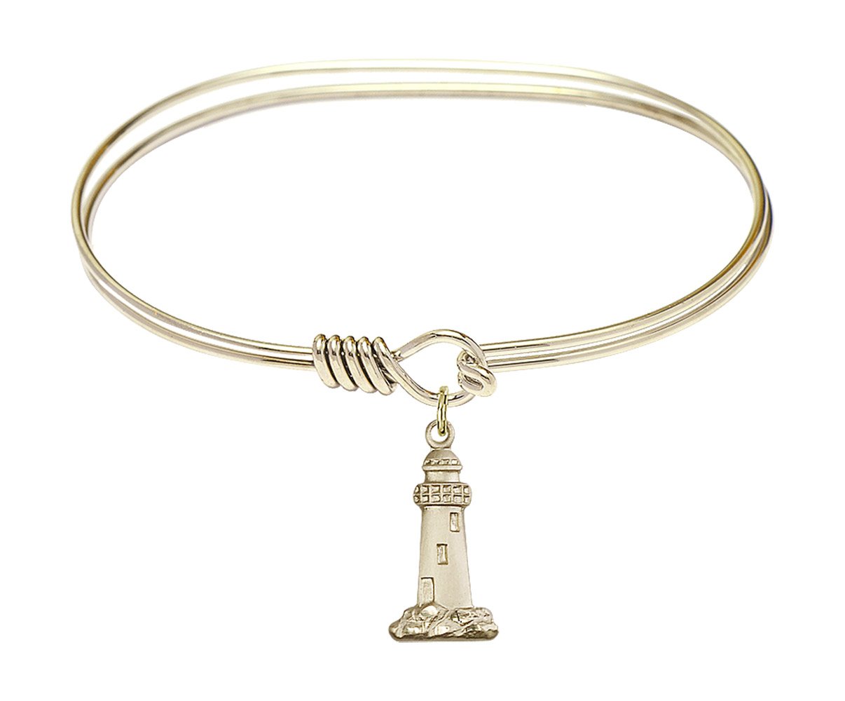 Gold-Filled Oval Eye Hook Bangle Bracelet with Lighthouse Charm - Perfect for Beach Vacations, Nautical Parties & Everyday Boho Style