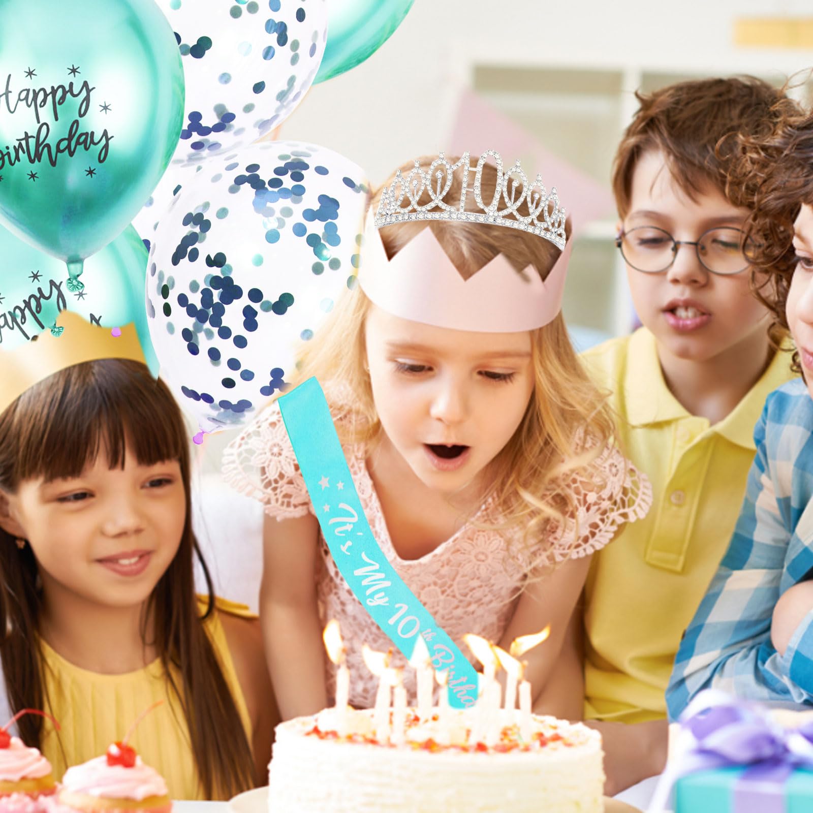 10th Birthday Party Decorations for Girls - Teal Glitter Birthday Sash, Silver '10' Crown, Foil Balloons Set with Number 10 & Stars, Happy Birthday Latex Balloons - Perfect for Princess Themed Parties, Birthday Photos & Milestone Celebrations