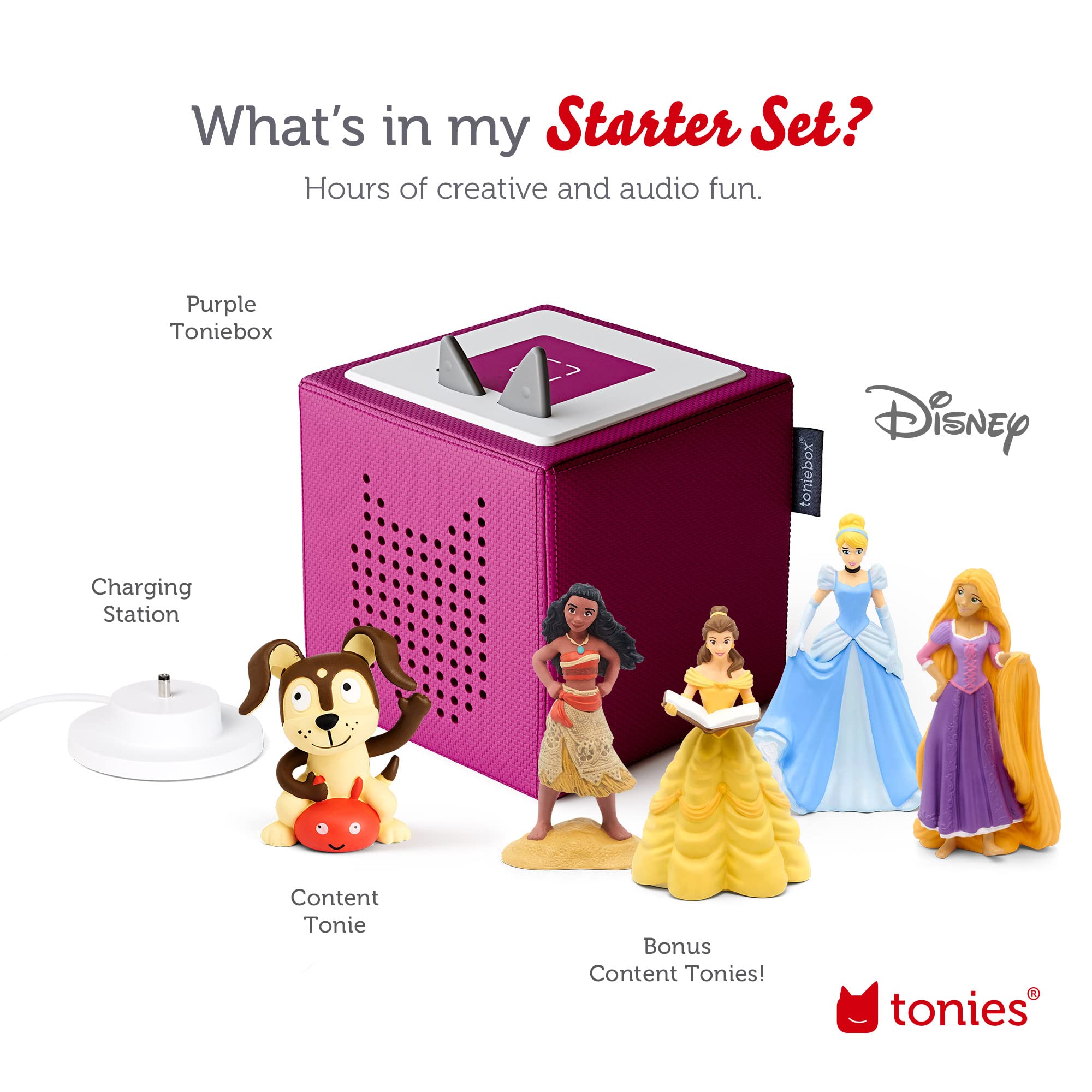 Toniebox Audio Player Starter Set with Disney Princesses (Cinderella, Belle, Moana, Tangled) & Playtime Puppy - Interactive Storytelling Toy for Kids - Purple - Perfect for Bedtime Stories, Car Rides & Learning Fun
