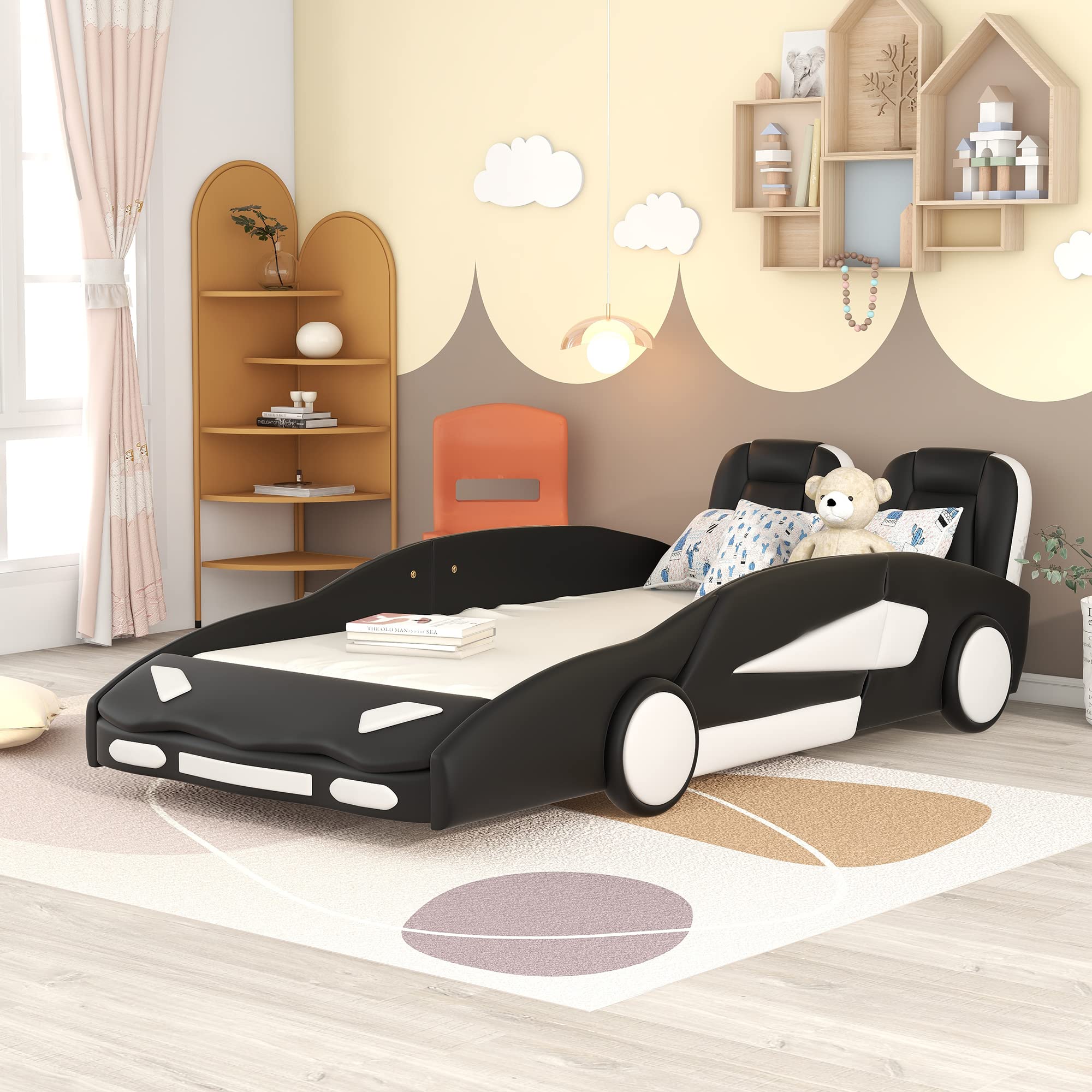 SOFTSEA Twin Size Race Car Bed Frame for Kids - Black Car-Shaped Platform Bed with Wheels, Guardrail & Soft Headboard | No Box Spring Needed | Perfect for Boys & Girls Bedrooms, Playrooms & Themed Kids Rooms