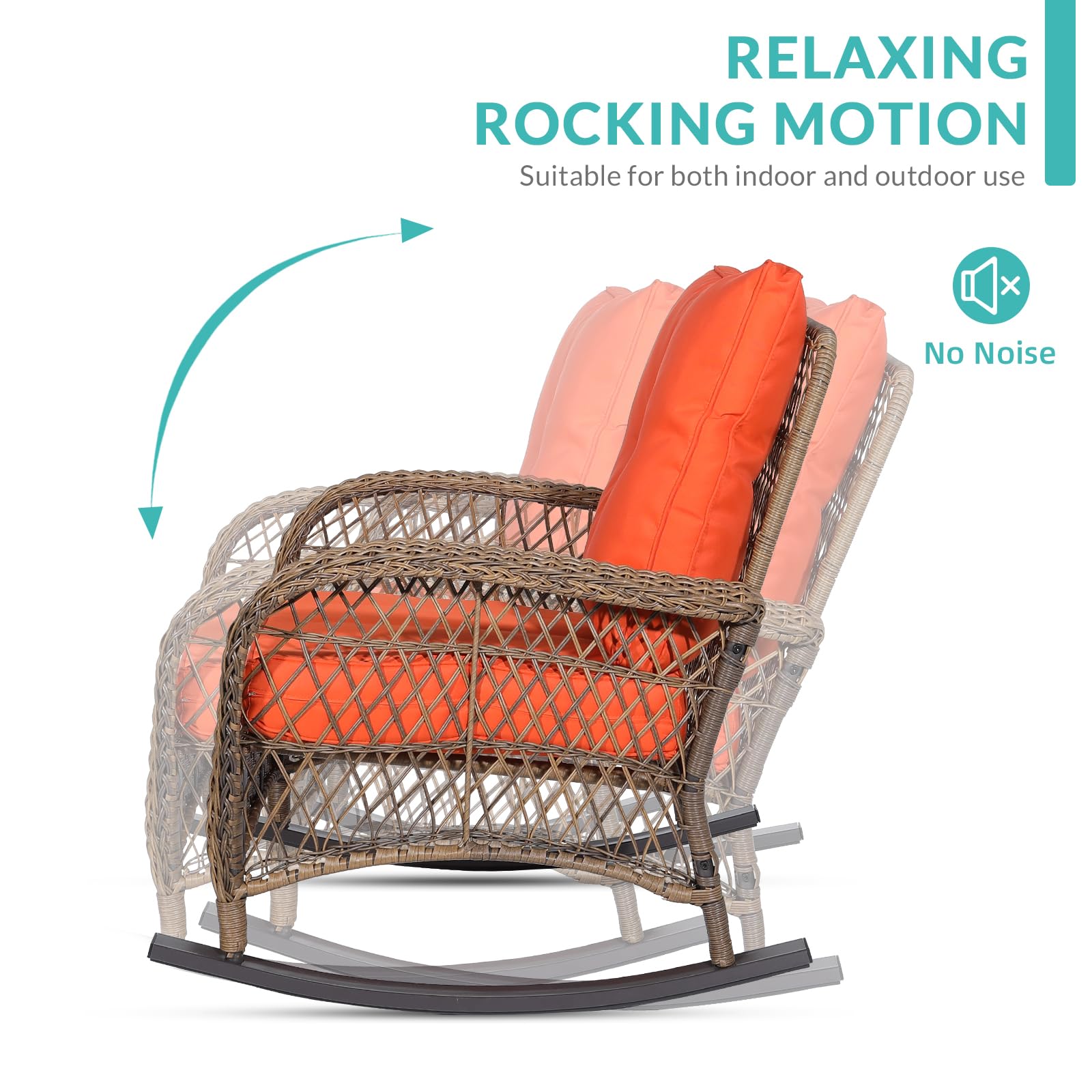 MEETWARM 3-Piece Outdoor Wicker Rocking Chair Set with Cushions & Glass-Top Coffee Table - Rattan Patio Conversation Bistro Set for Porch, Backyard, Garden - Orange | Perfect for Relaxing, Entertaining & Outdoor Lounging